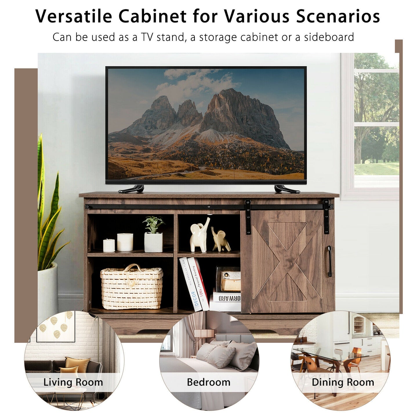 Farmhouse Sliding Barn Door TV Stand with Adjustable Shelf and Cable Management for TVs up to 50 Inch