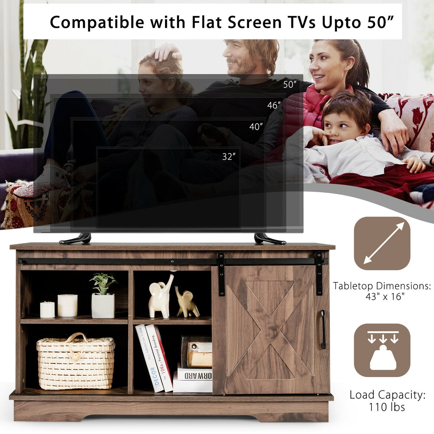 Farmhouse Sliding Barn Door TV Stand with Adjustable Shelf and Cable Management for TVs up to 50 Inch