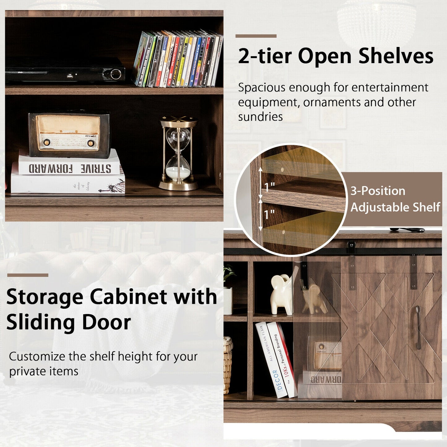Farmhouse Sliding Barn Door TV Stand with Adjustable Shelf and Cable Management for TVs up to 50 Inch