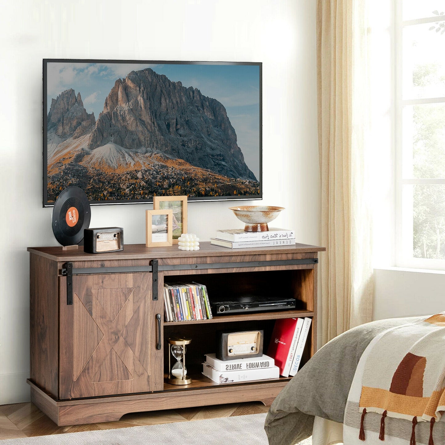 Farmhouse Sliding Barn Door TV Stand with Adjustable Shelf and Cable Management for TVs up to 50 Inch