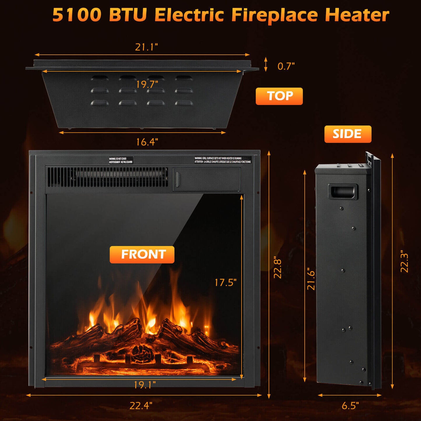 18/22.5 Inch Electric Fireplace Insert with Customizable 7 Level Flame Brightness