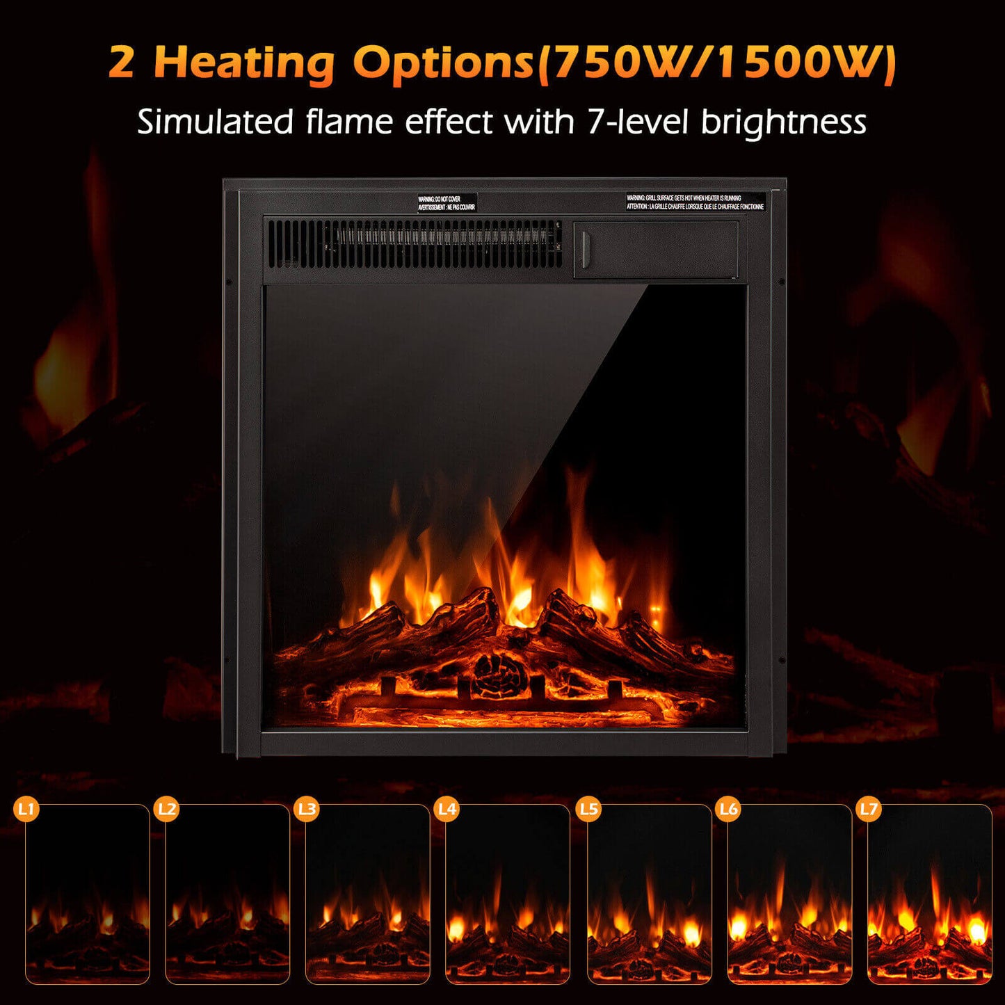18/22.5 Inch Electric Fireplace Insert with Customizable 7 Level Flame Brightness