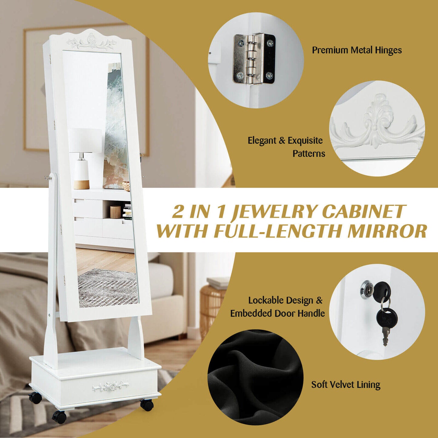 Rolling Full-Length Mirror Jewelry Armoire with Lockable Storage, Drawers and LED Lighting – White