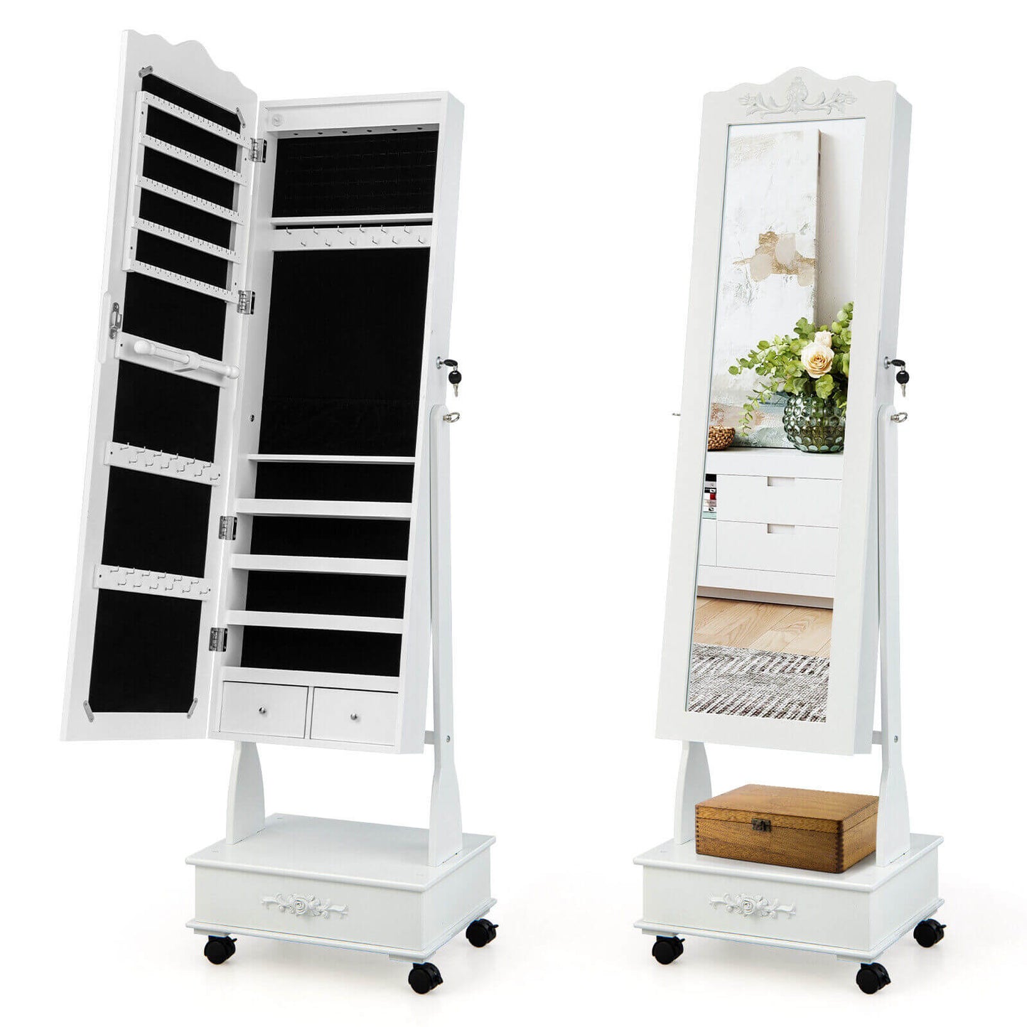 Rolling Full-Length Mirror Jewelry Armoire with Lockable Storage, Drawers and LED Lighting – White