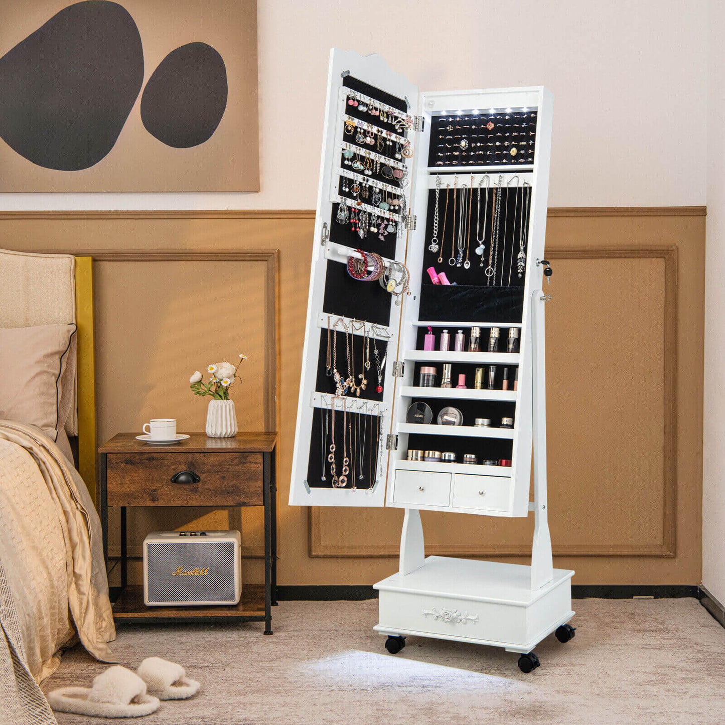 Rolling Full-Length Mirror Jewelry Armoire with Lockable Storage, Drawers and LED Lighting – White