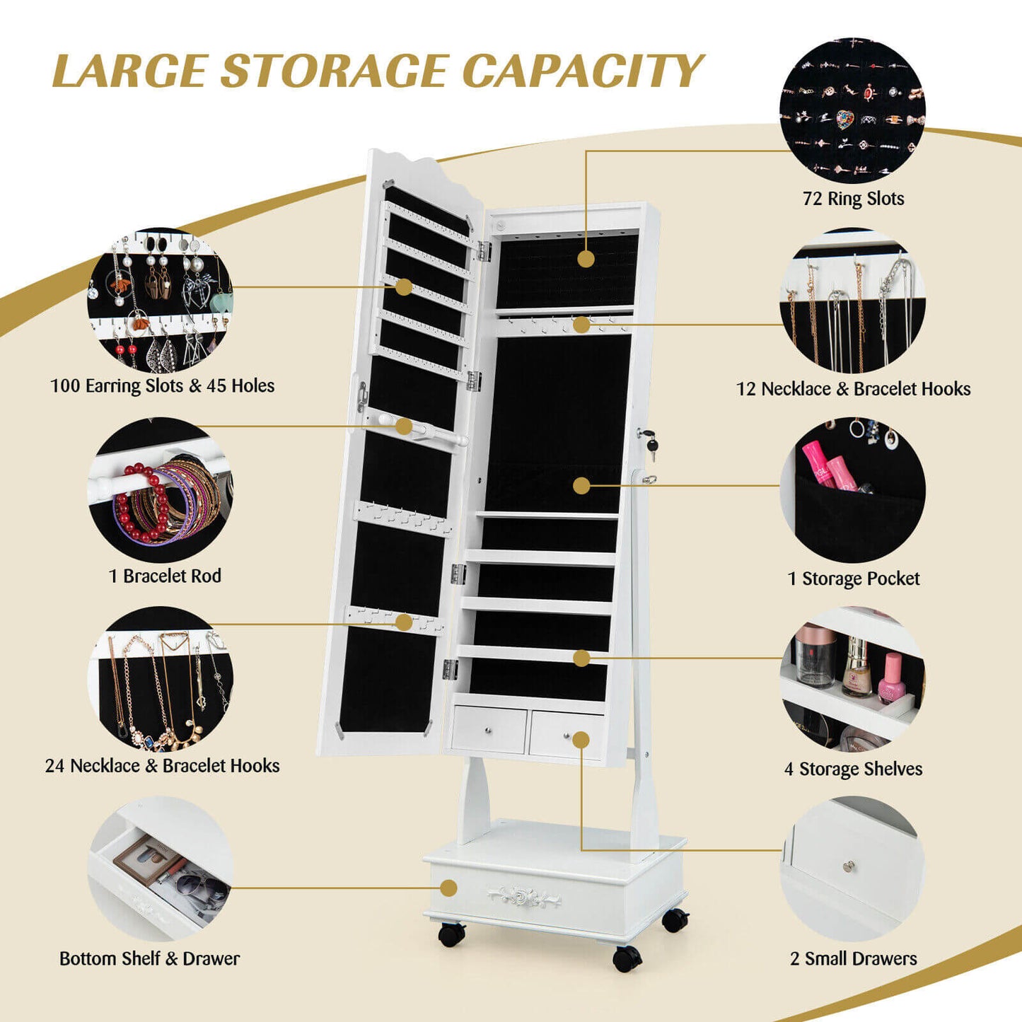 Rolling Full-Length Mirror Jewelry Armoire with Lockable Storage, Drawers and LED Lighting – White