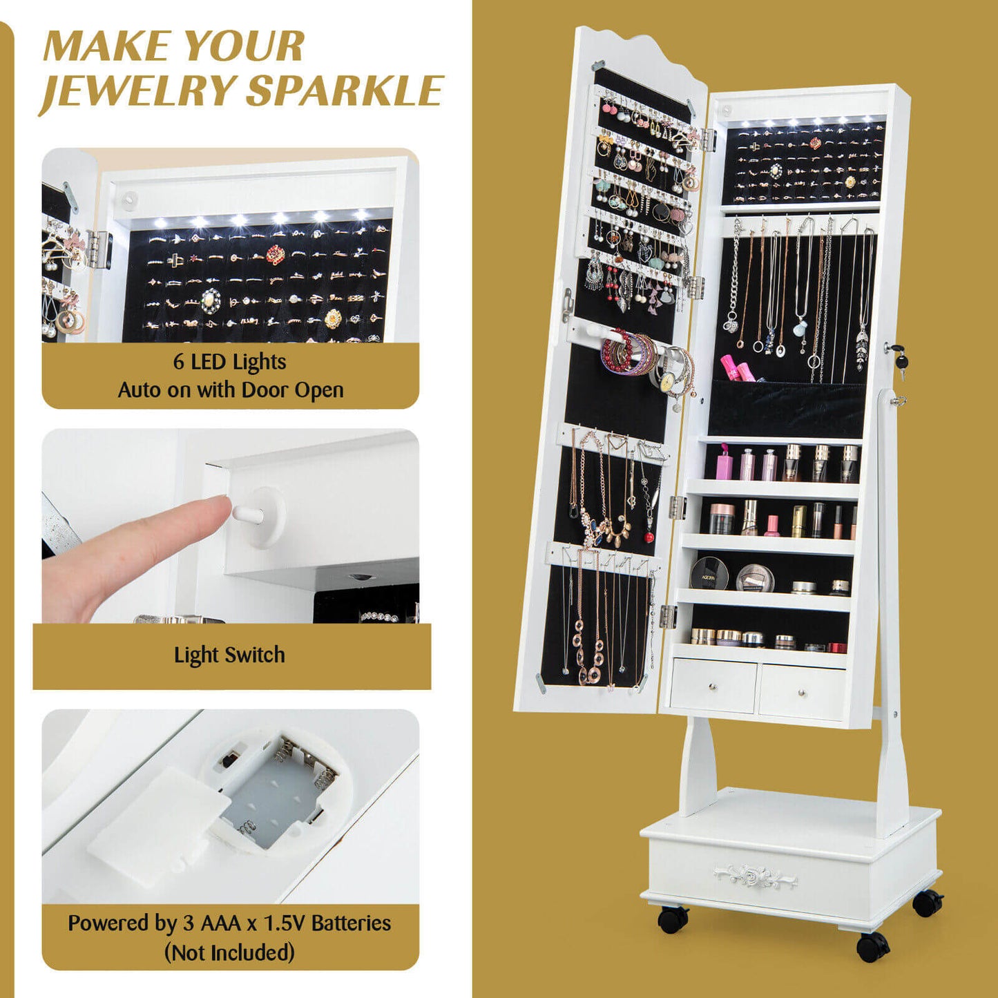 Rolling Full-Length Mirror Jewelry Armoire with Lockable Storage, Drawers and LED Lighting – White