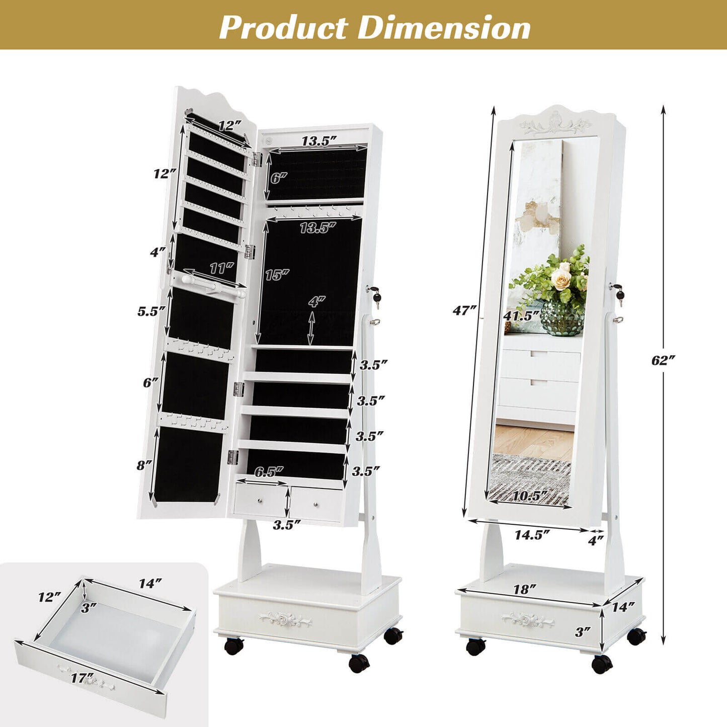Rolling Full-Length Mirror Jewelry Armoire with Lockable Storage, Drawers and LED Lighting – White