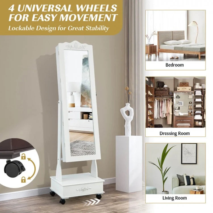 Rolling Full-Length Mirror Jewelry Armoire with Lockable Storage, Drawers and LED Lighting – White