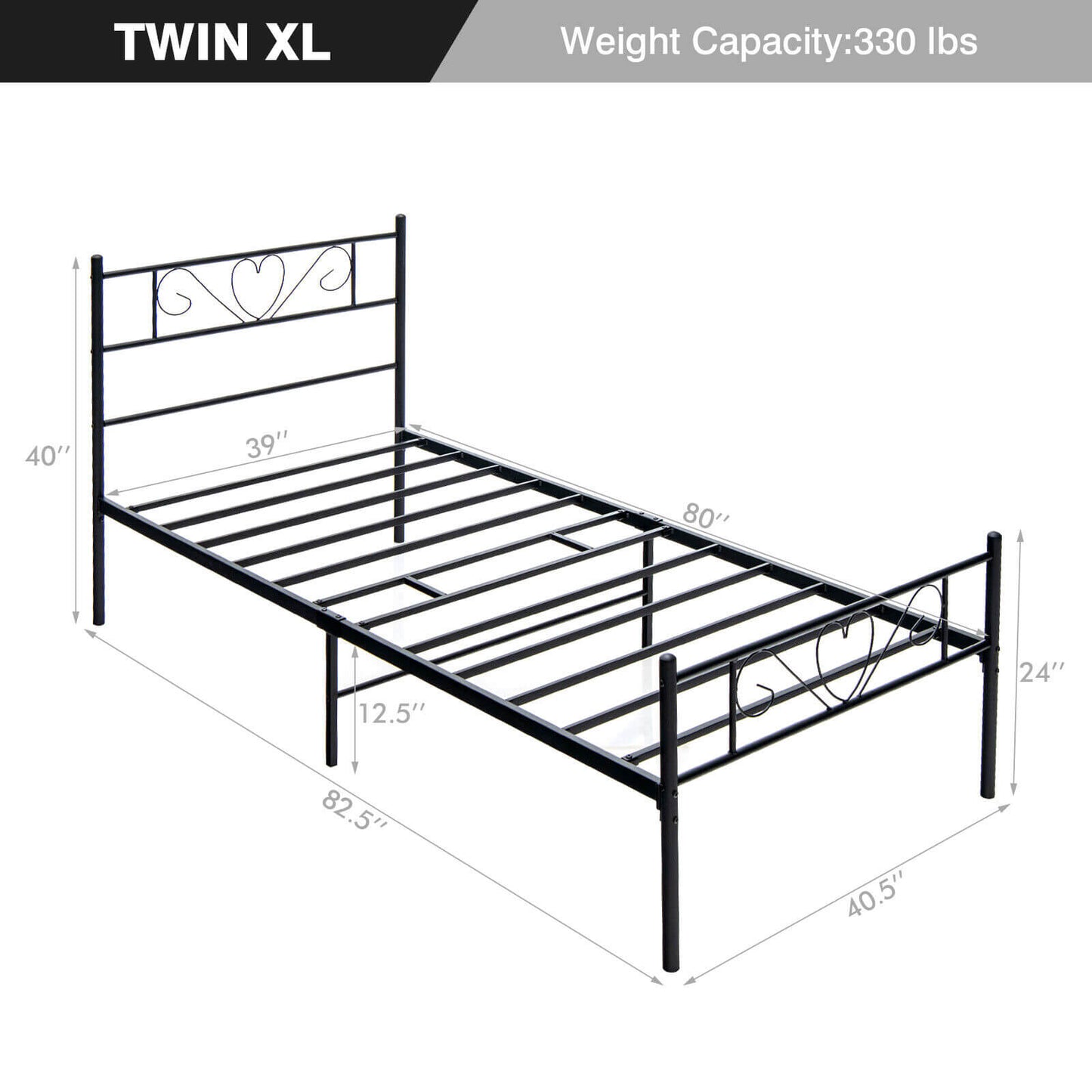 Stylish Twin XL Metal Bed Frame with Elegant Heart-Shaped Headboard