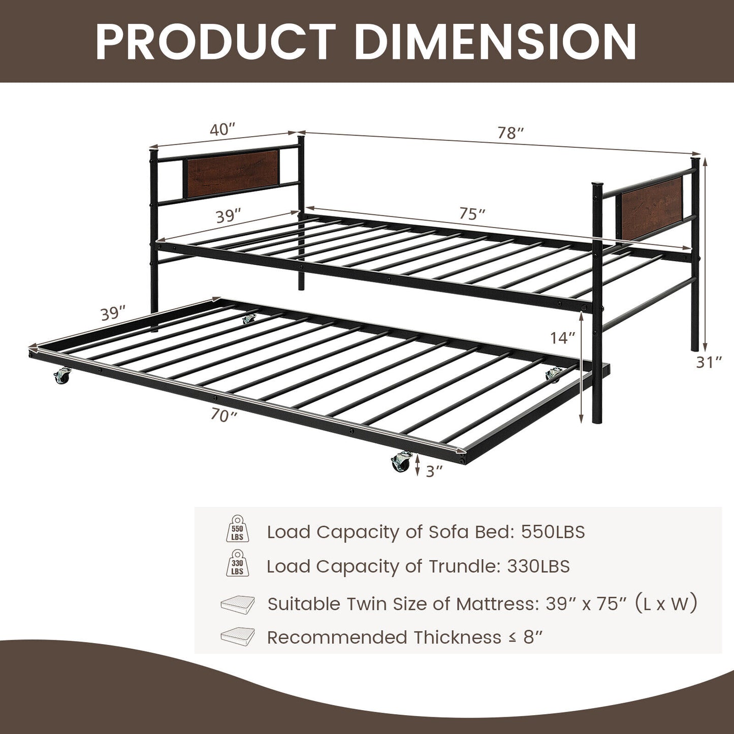 Modern Twin Size Daybed Frame with Pull-Out Trundle for Extra Sleeping Space