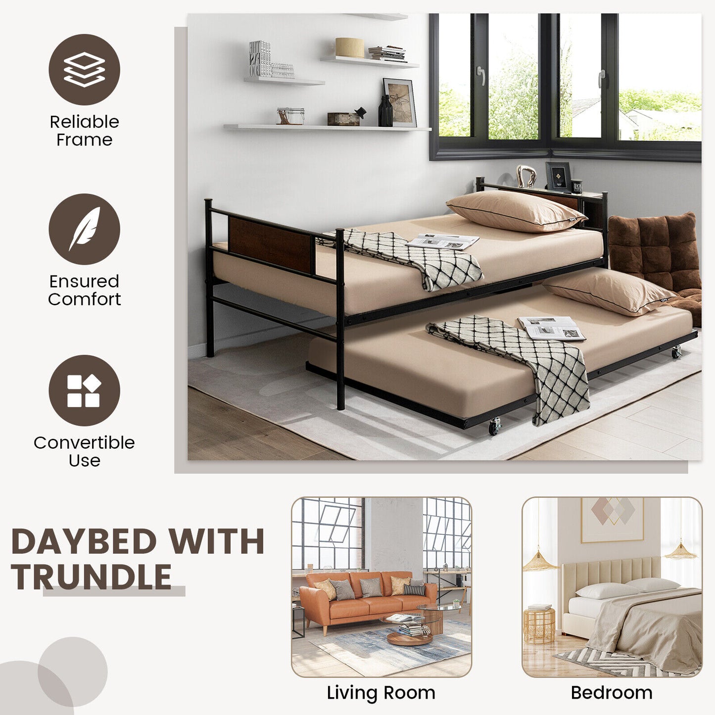 Modern Twin Size Daybed Frame with Pull-Out Trundle for Extra Sleeping Space