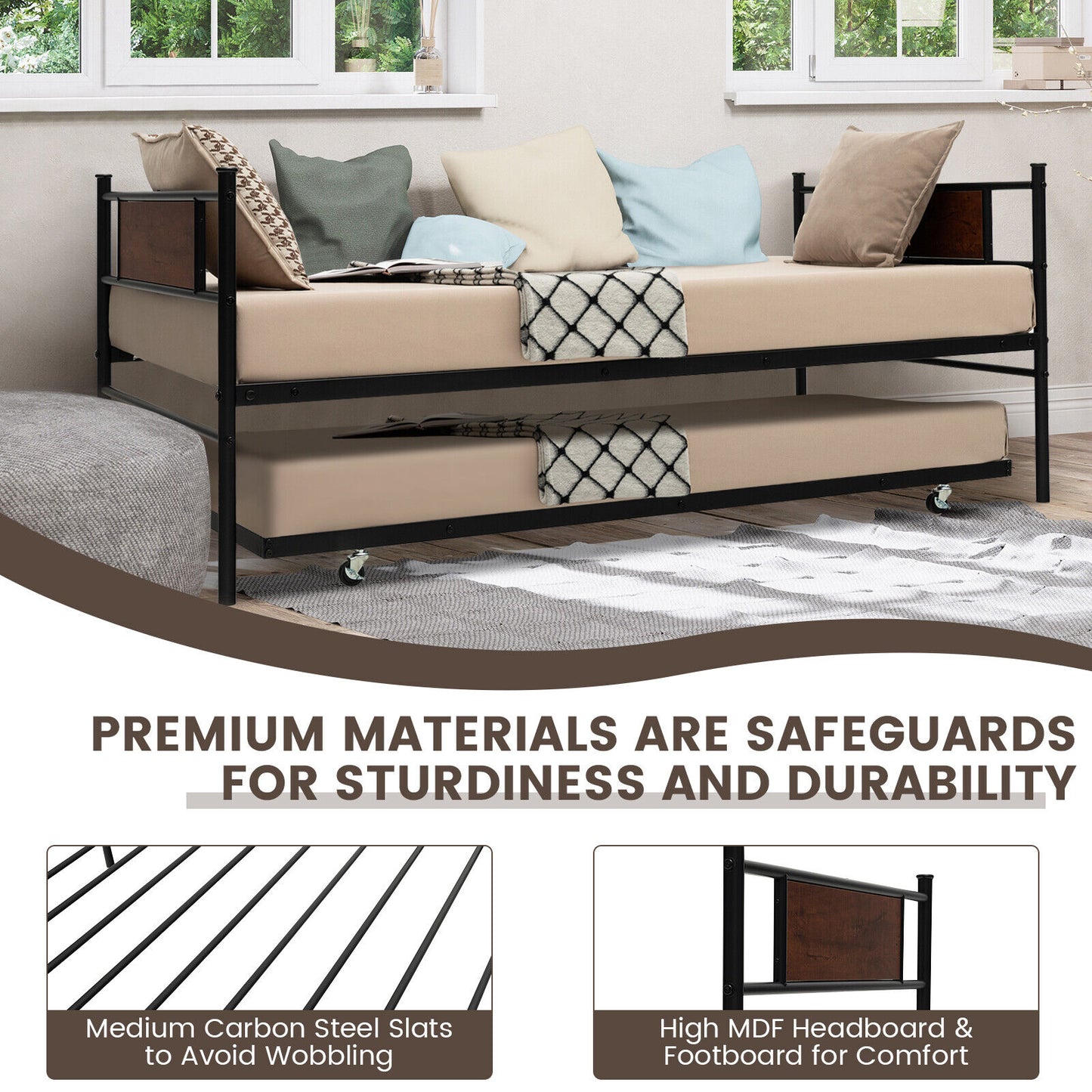 Modern Twin Size Daybed Frame with Pull-Out Trundle for Extra Sleeping Space