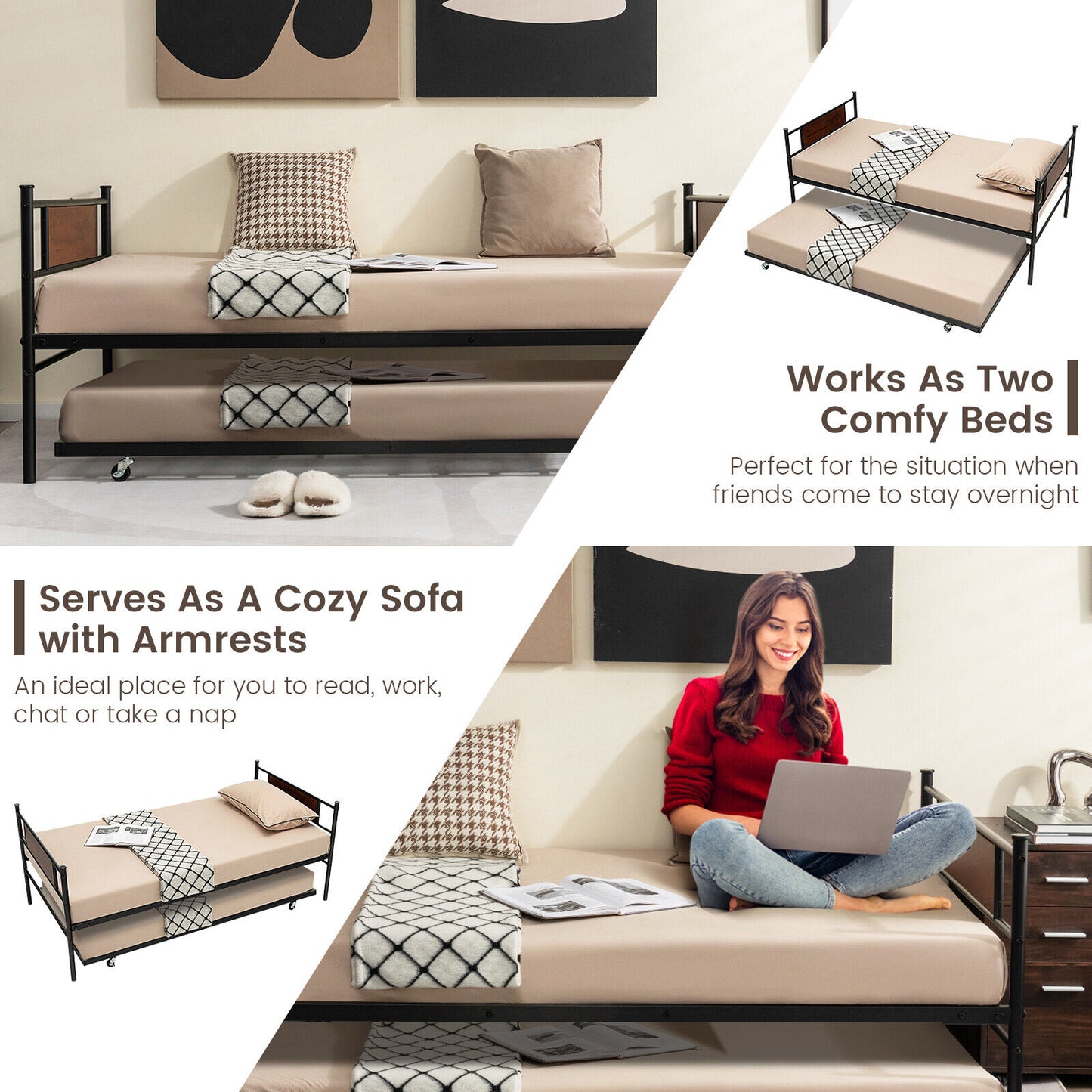 Modern Twin Size Daybed Frame with Pull-Out Trundle for Extra Sleeping Space