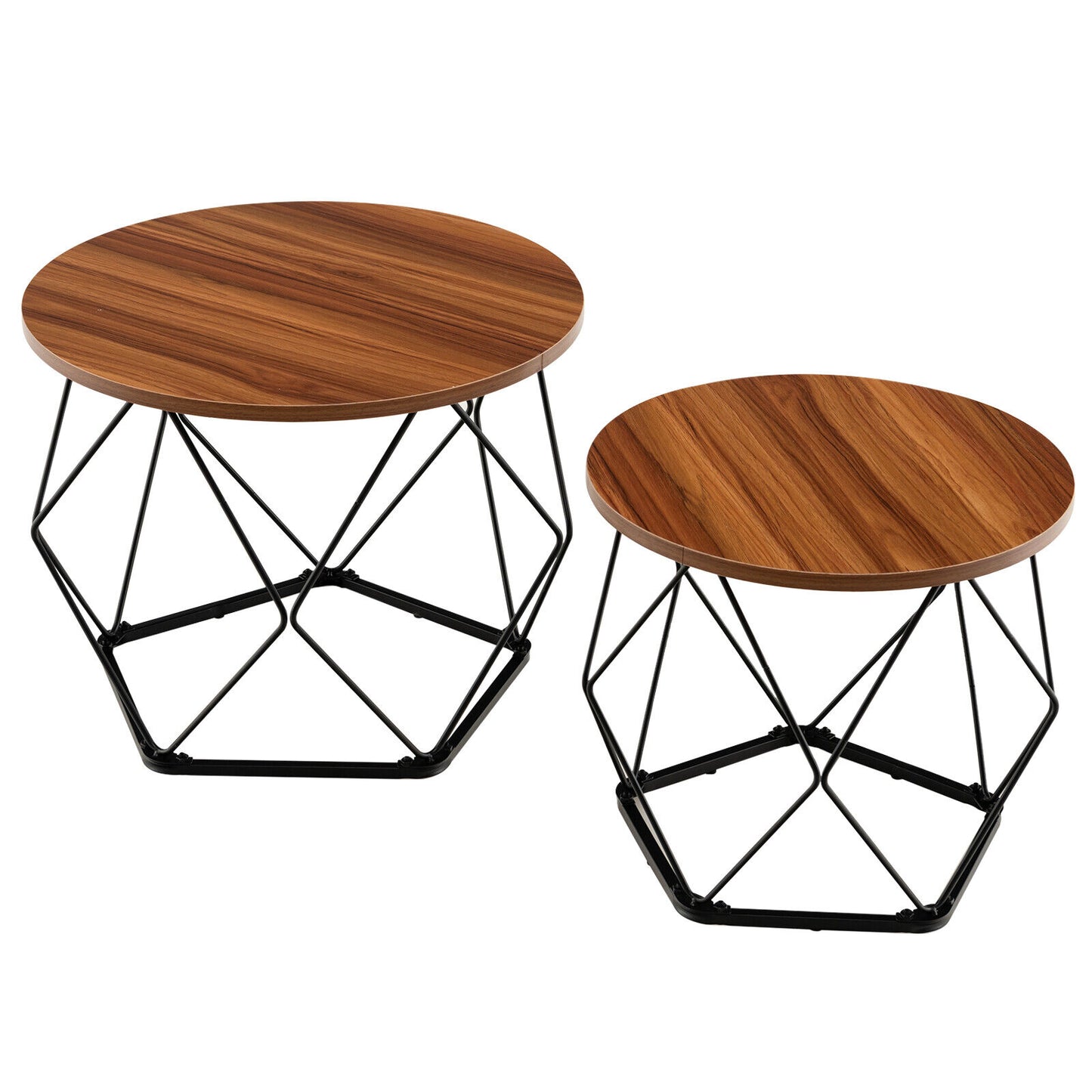 Rustic Round Coffee Table Set of 2 with Stylish Steel Base