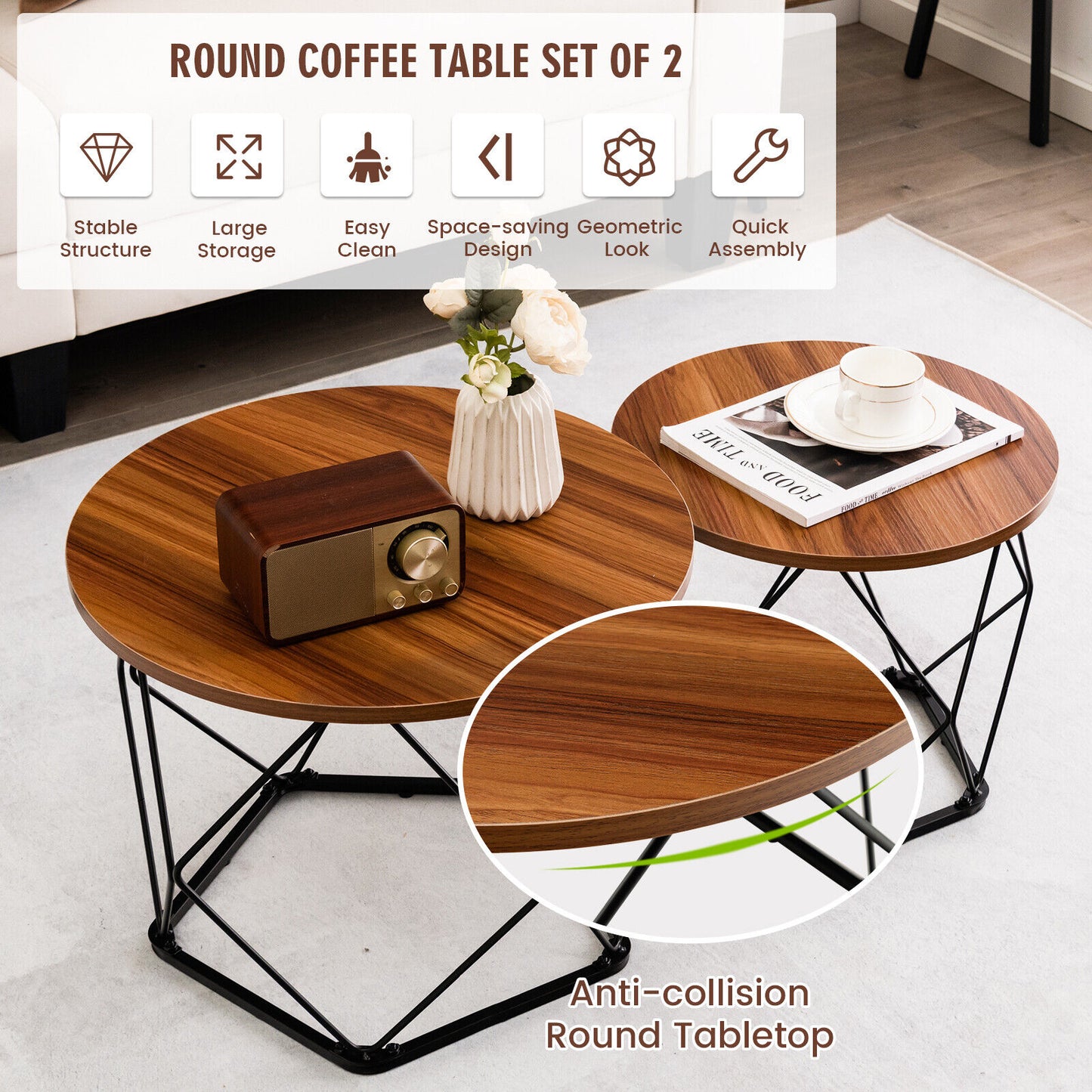 Rustic Round Coffee Table Set of 2 with Stylish Steel Base
