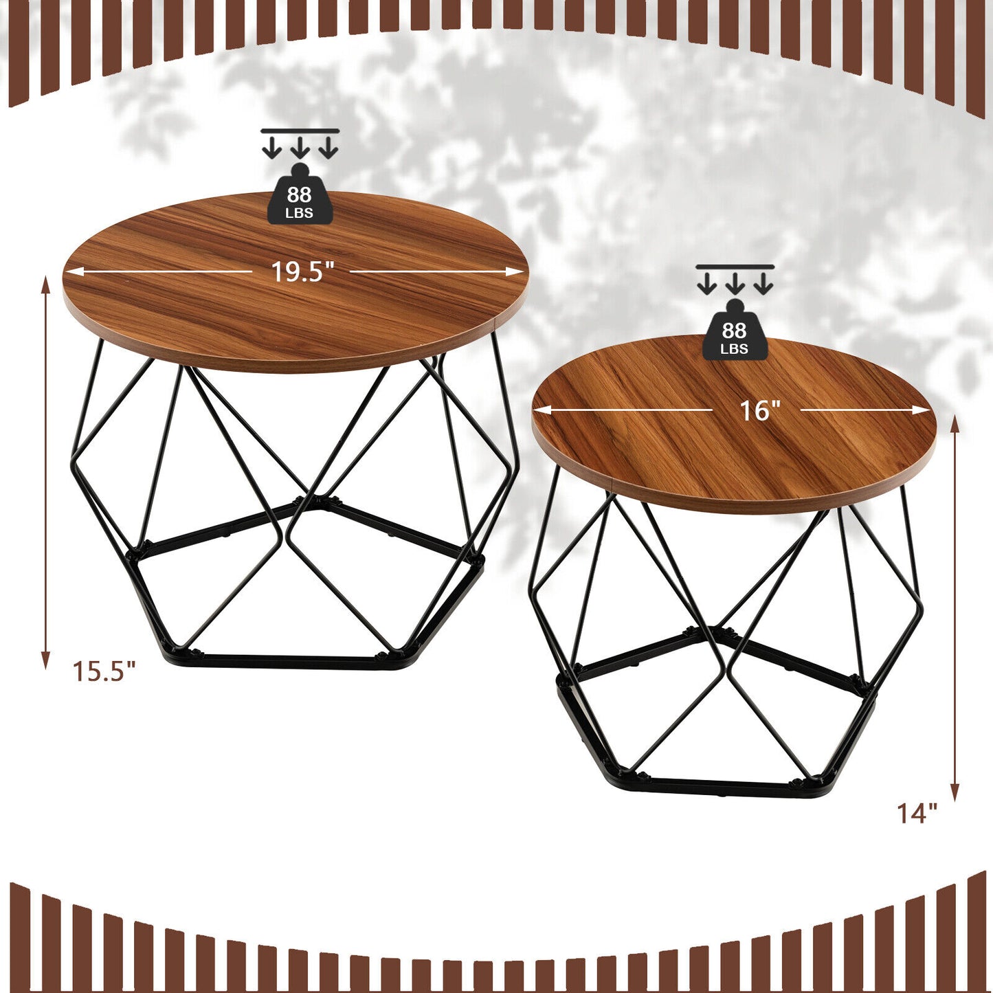 Rustic Round Coffee Table Set of 2 with Stylish Steel Base