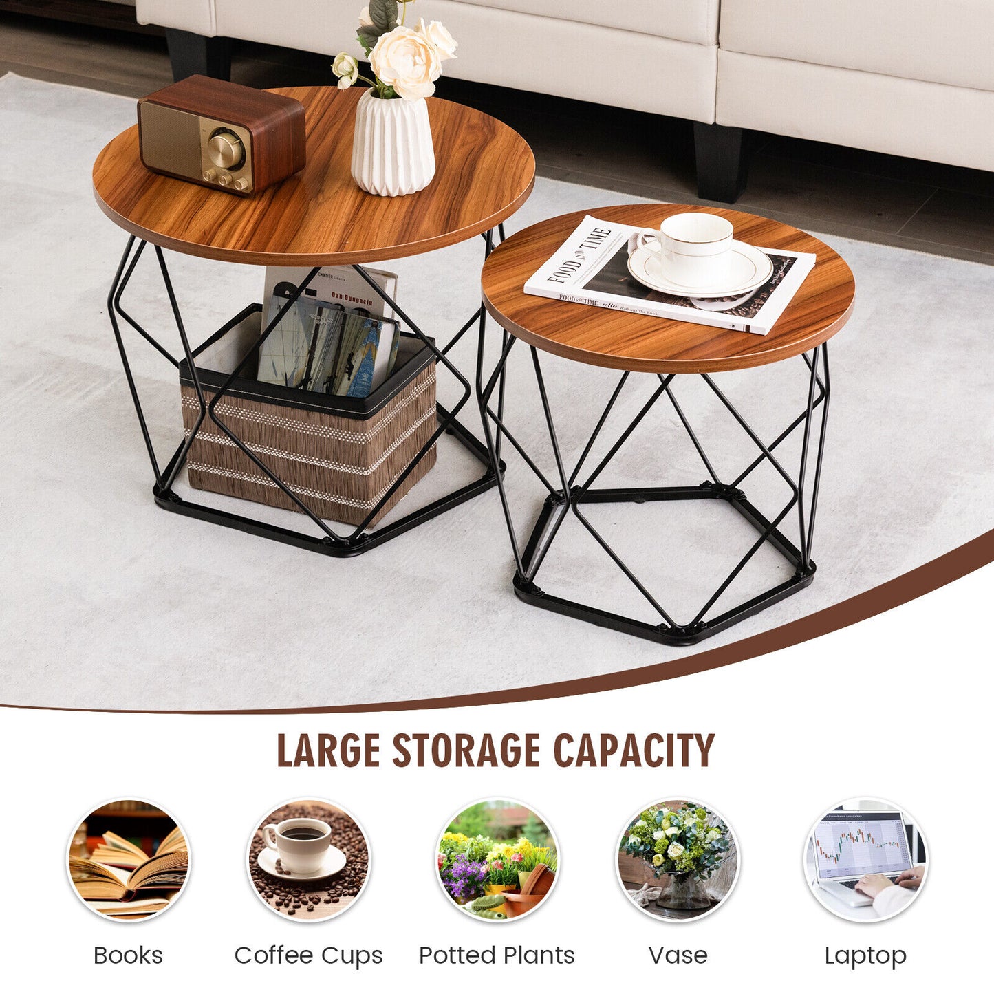 Rustic Round Coffee Table Set of 2 with Stylish Steel Base