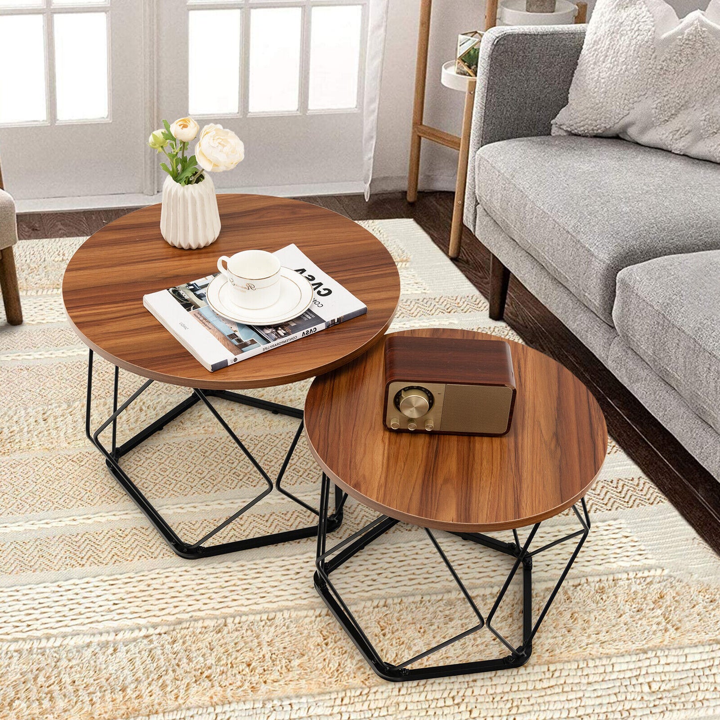 Rustic Round Coffee Table Set of 2 with Stylish Steel Base
