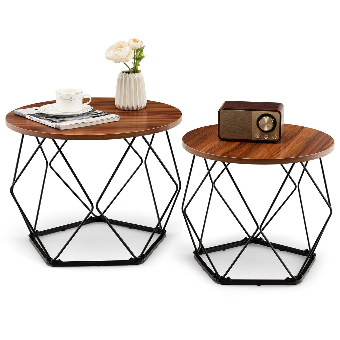 Rustic Round Coffee Table Set of 2 with Stylish Steel Base