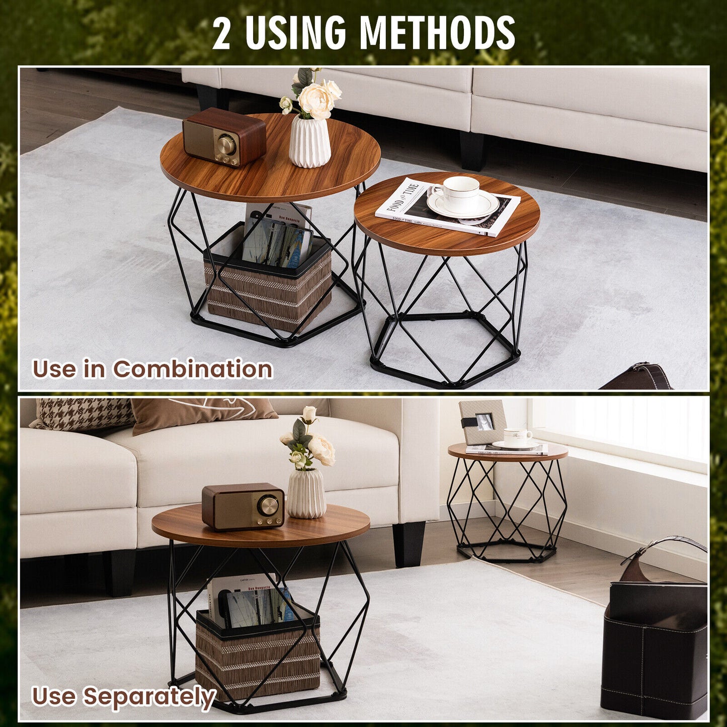 Rustic Round Coffee Table Set of 2 with Stylish Steel Base