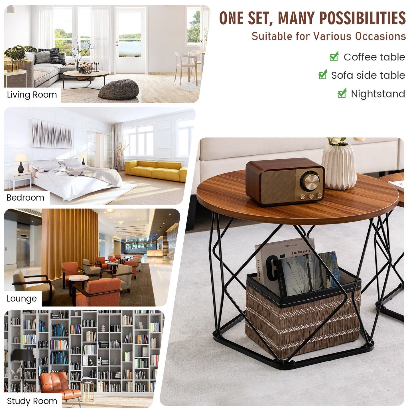 Rustic Round Coffee Table Set of 2 with Stylish Steel Base