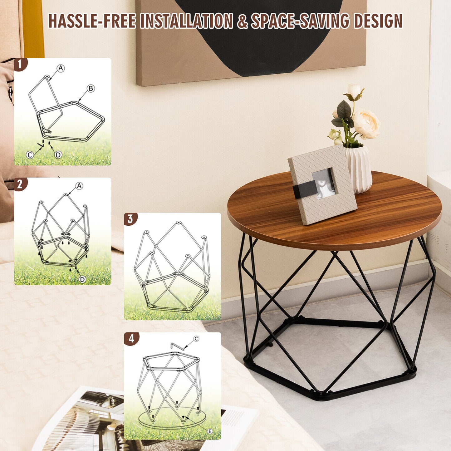 Rustic Round Coffee Table Set of 2 with Stylish Steel Base