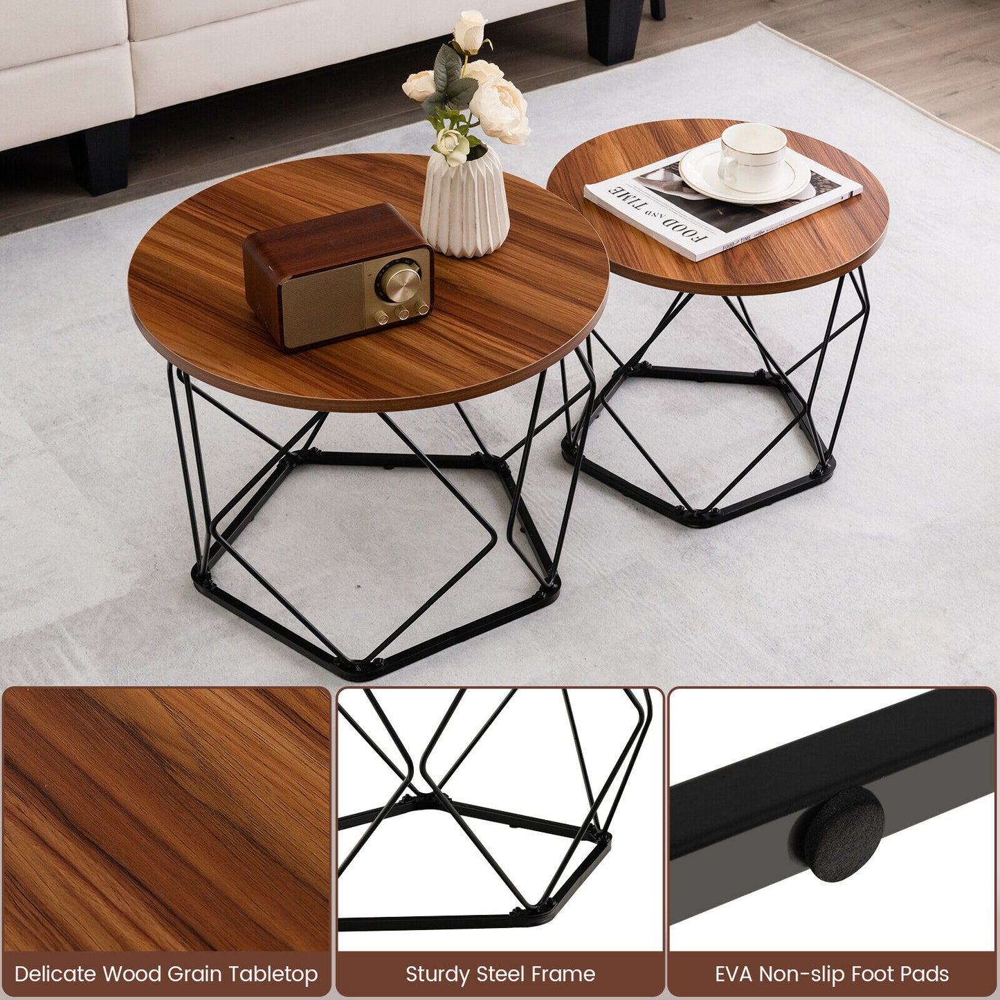 Rustic Round Coffee Table Set of 2 with Stylish Steel Base