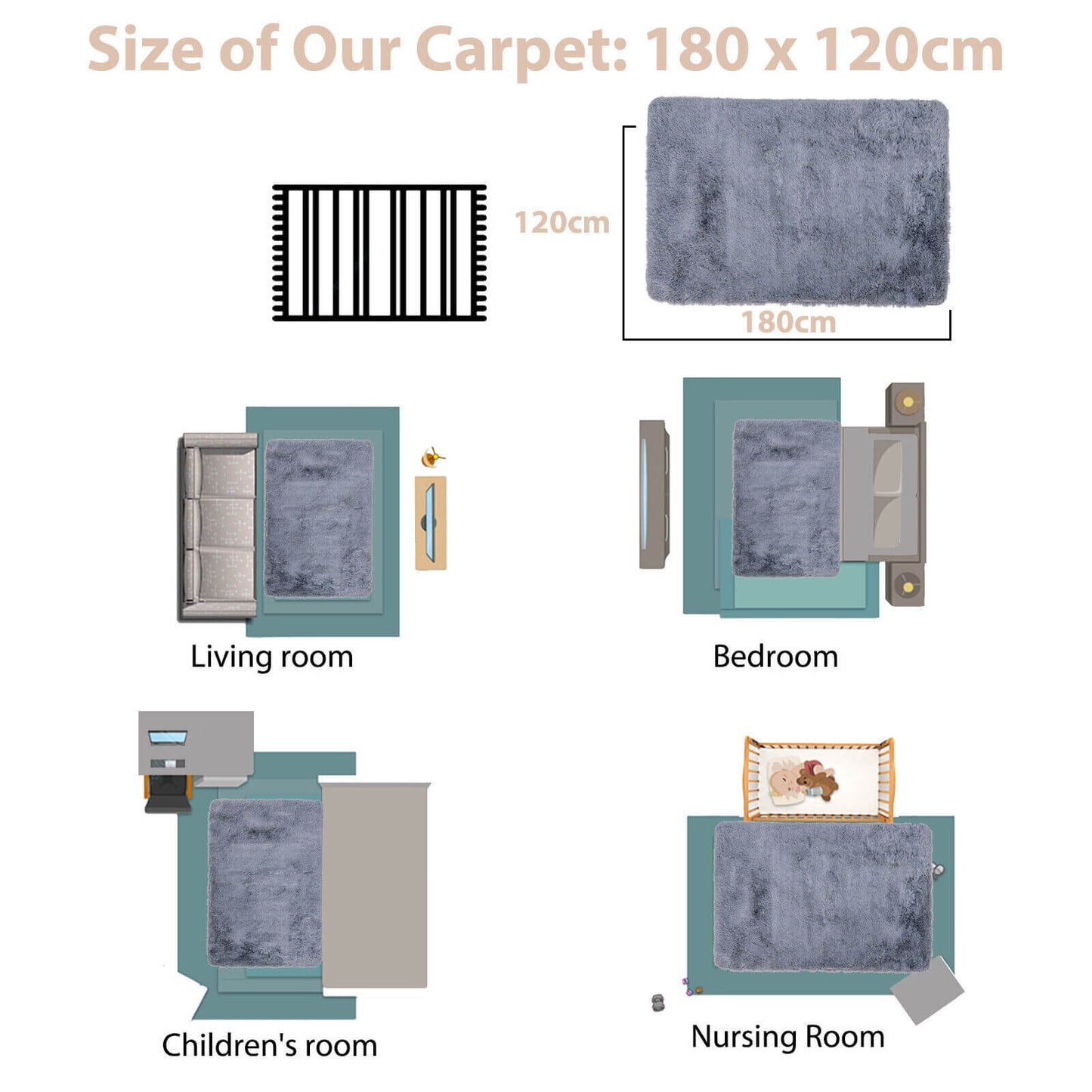 4x6 Feet Soft Shag Rug with Anti-Slip Grip – Light Grey