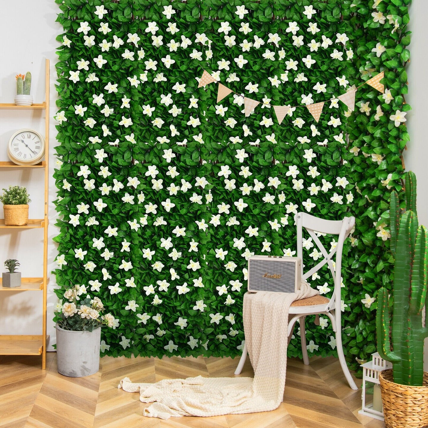 4 Piece Expandable Artificial Hedge Fence with Flowers – Privacy Screen for Indoor & Outdoor Use