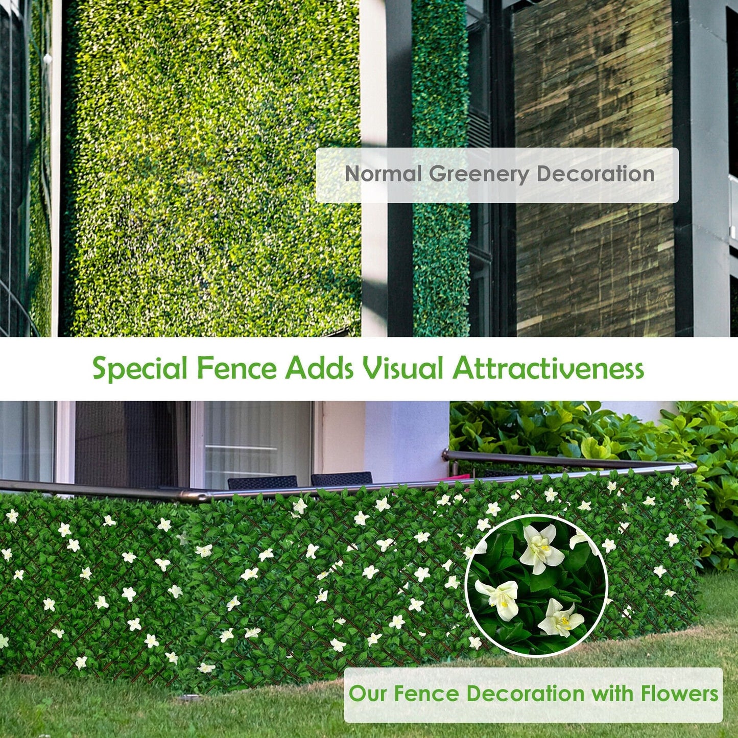 4 Piece Expandable Artificial Hedge Fence with Flowers – Privacy Screen for Indoor & Outdoor Use