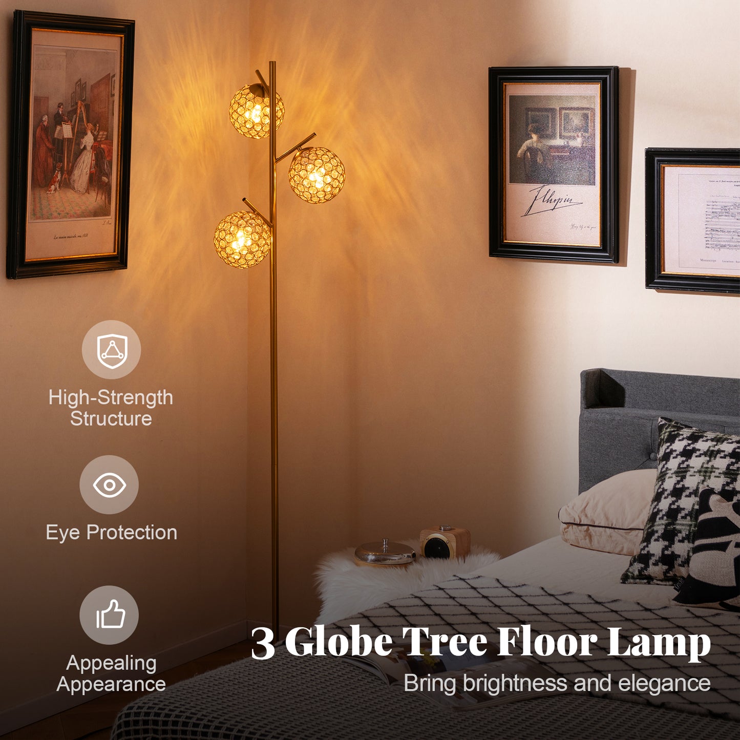 3 Globe Floor Lamp with Foot Switch and E26 Bulb Bases for Soft Lighting