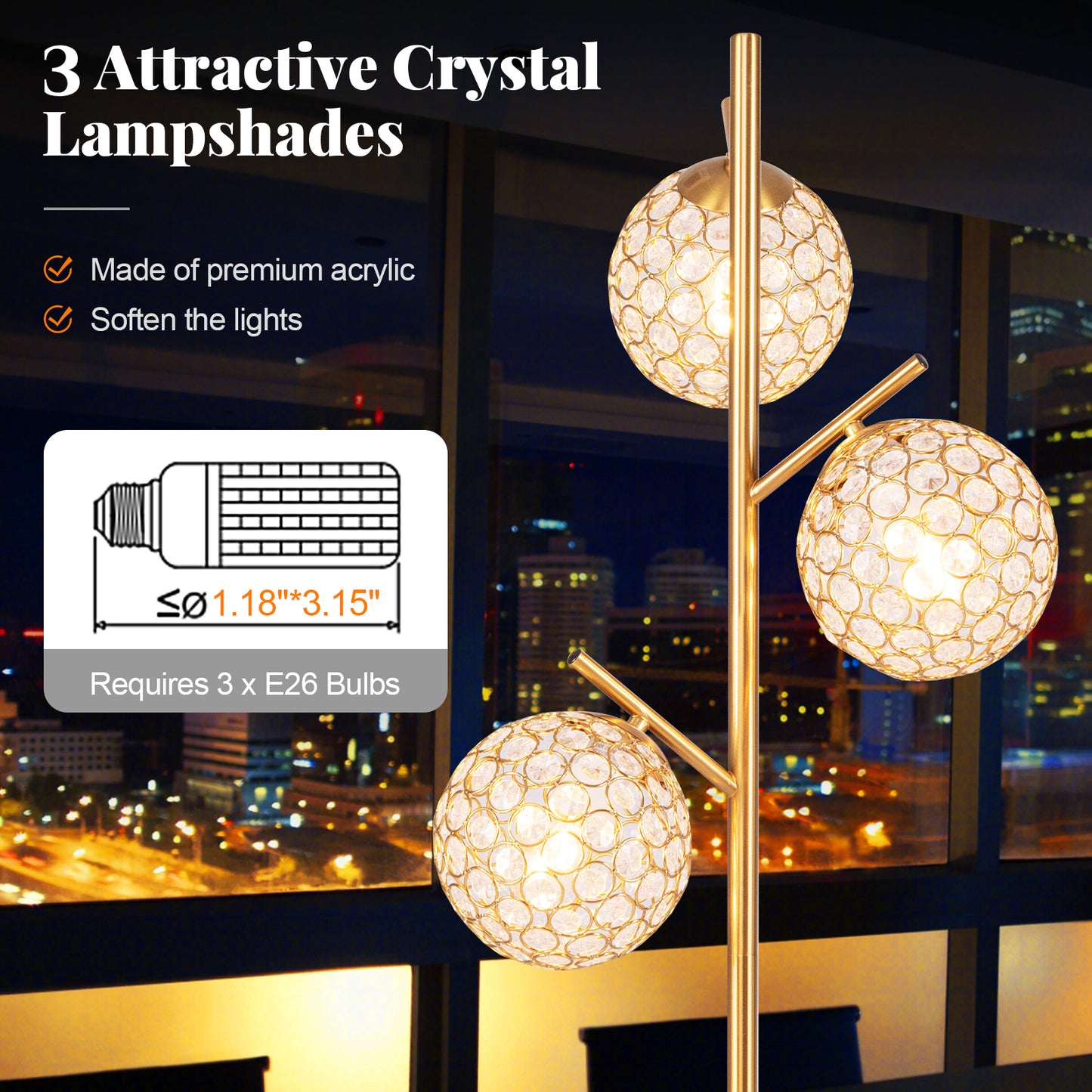 3 Globe Floor Lamp with Foot Switch and E26 Bulb Bases for Soft Lighting