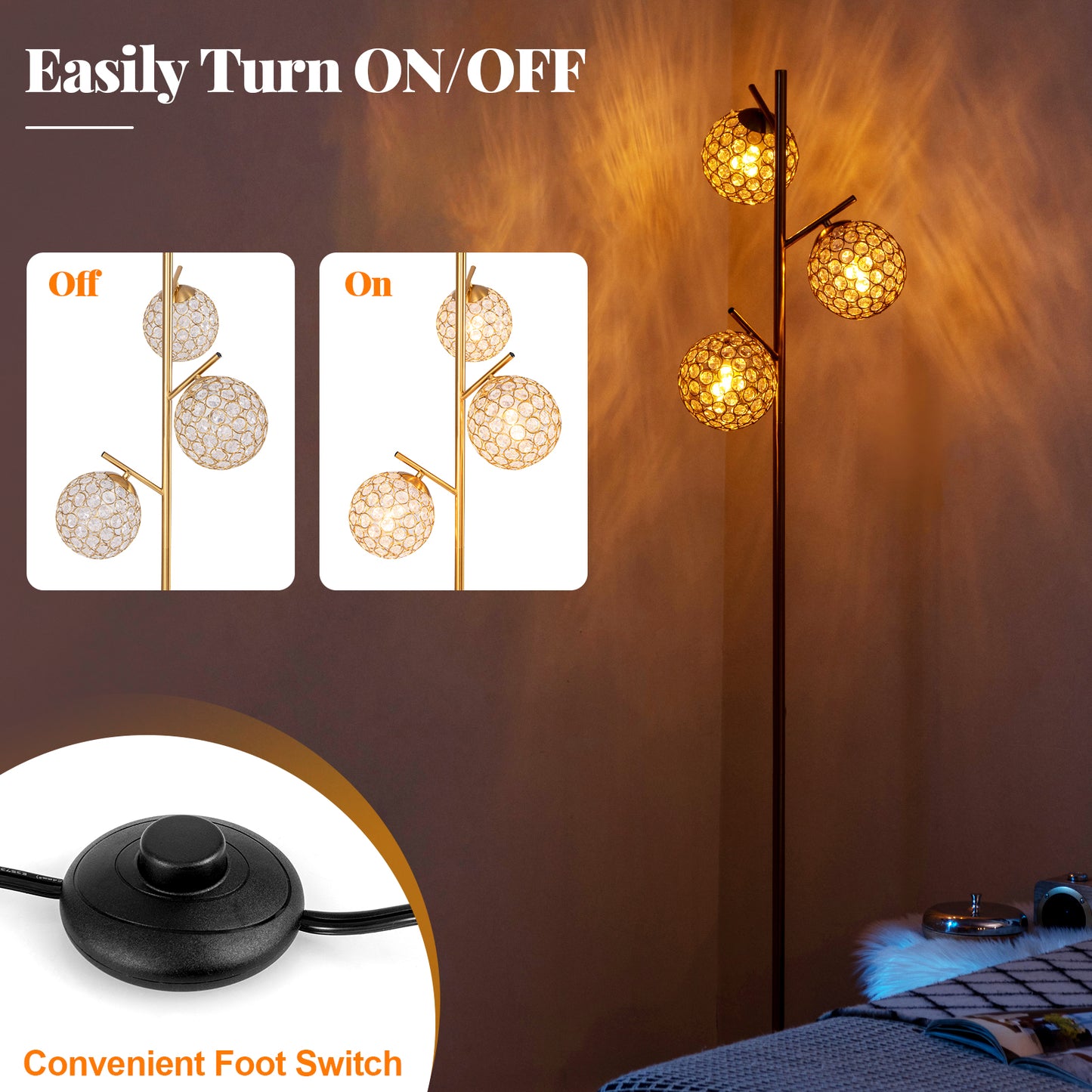 3 Globe Floor Lamp with Foot Switch and E26 Bulb Bases for Soft Lighting