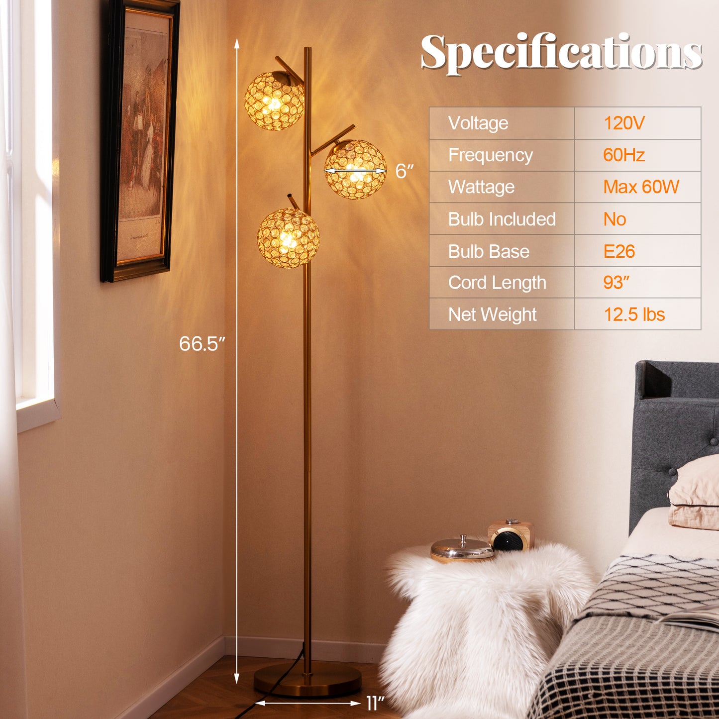 3 Globe Floor Lamp with Foot Switch and E26 Bulb Bases for Soft Lighting