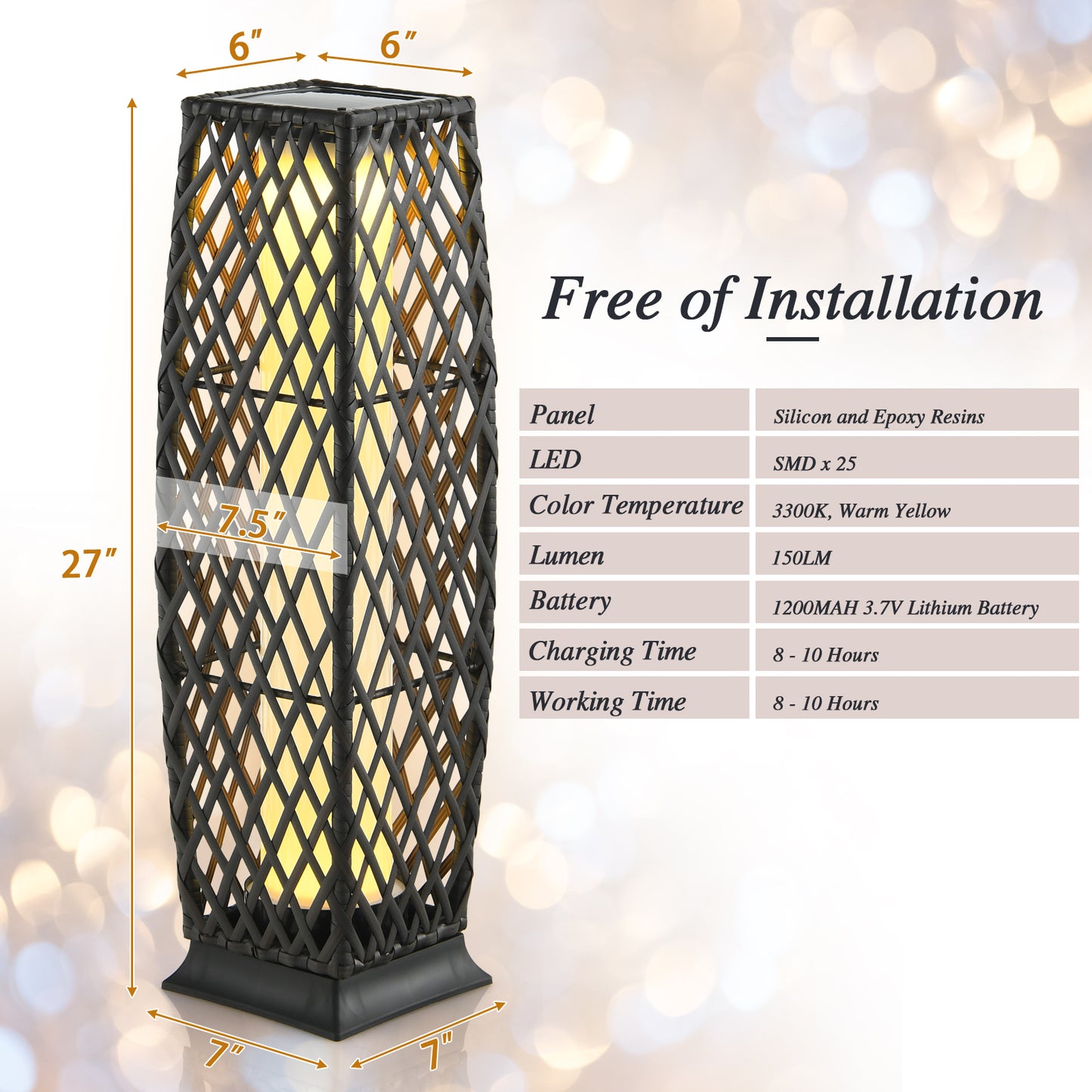 2 Pack Solar-Powered Diamond Wicker Floor Lamps with Auto LED Lighting