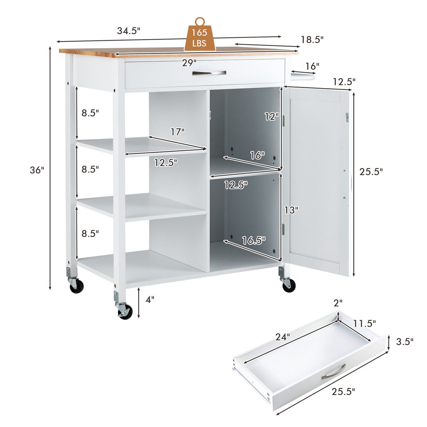 Rolling Kitchen Island Cart with Storage Drawers Shelves and Wood Countertop - White