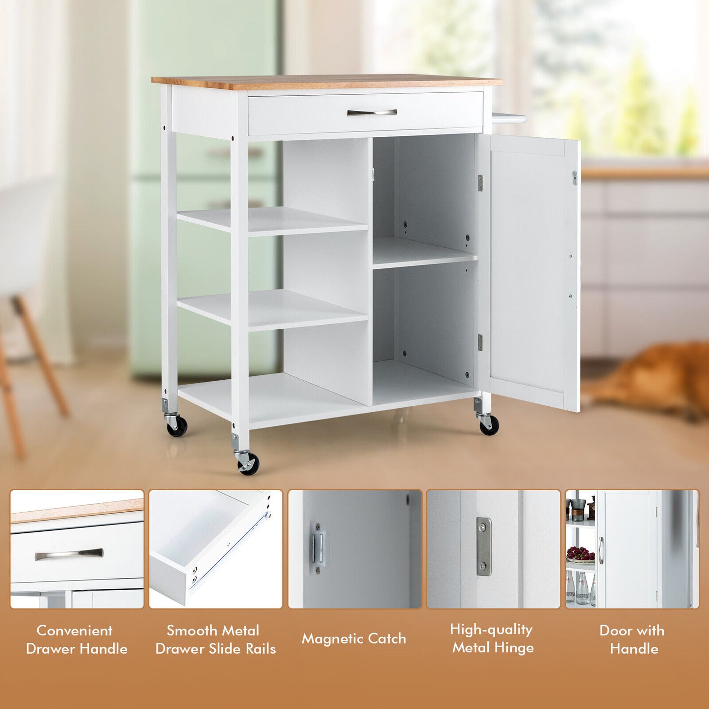 Rolling Kitchen Island Cart with Storage Drawers Shelves and Wood Countertop - White