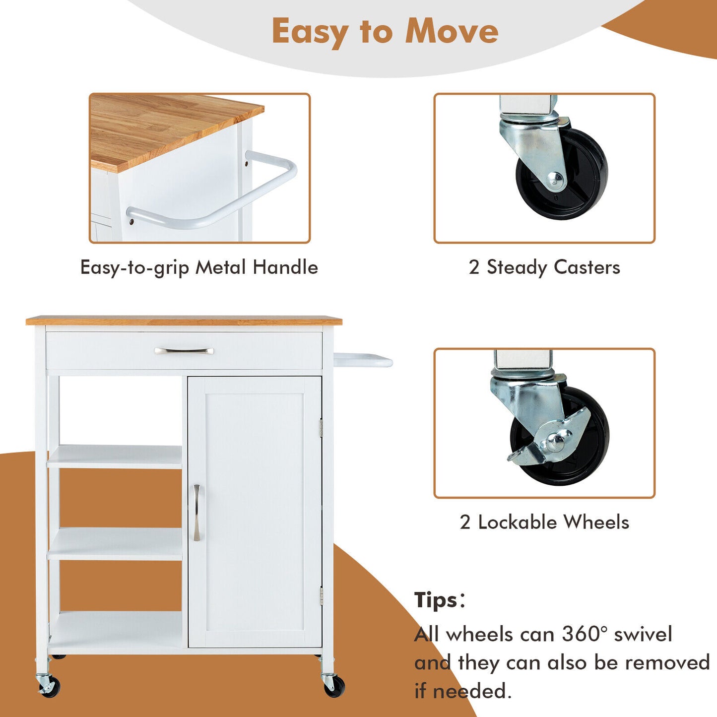 Rolling Kitchen Island Cart with Storage Drawers Shelves and Wood Countertop - White