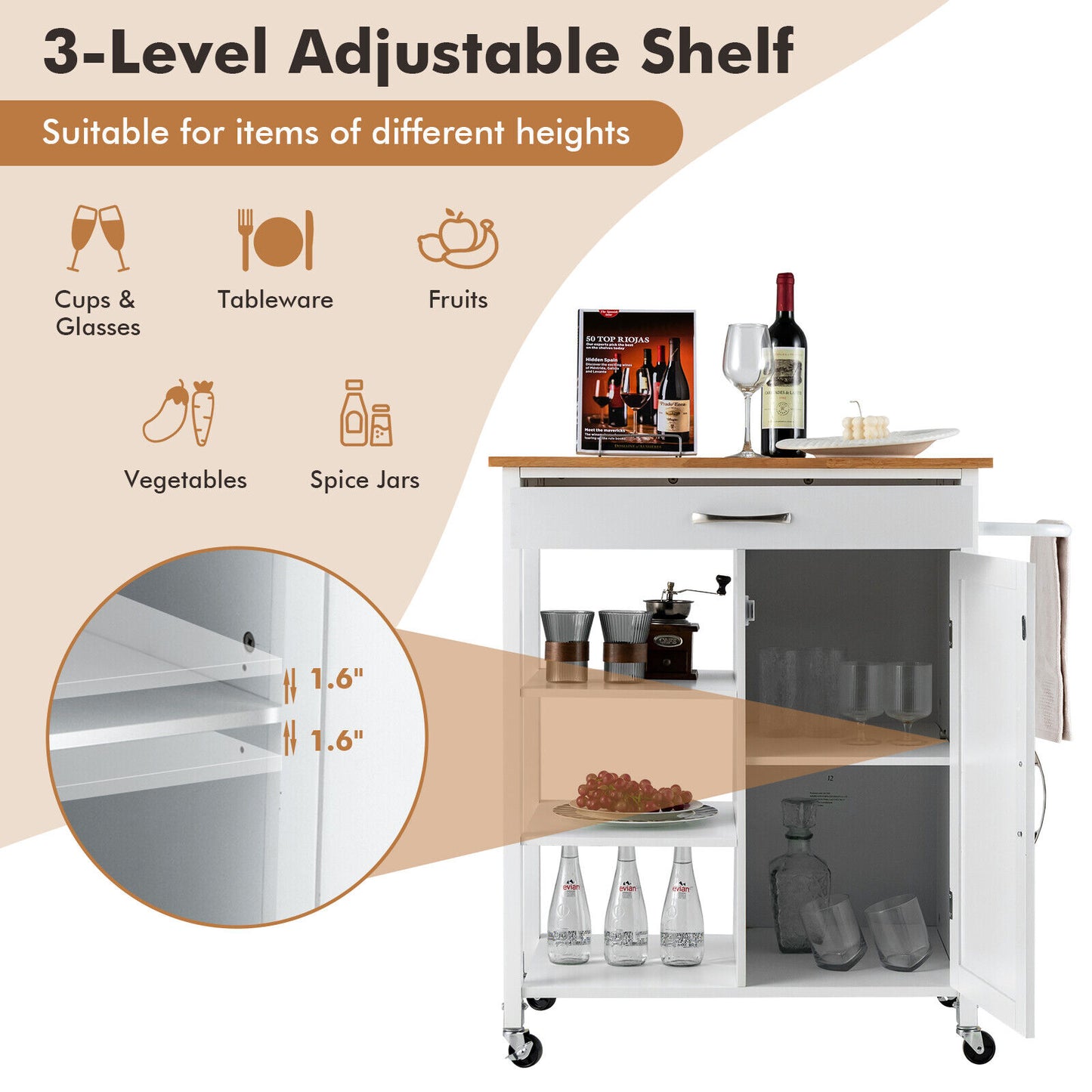 Rolling Kitchen Island Cart with Storage Drawers Shelves and Wood Countertop - White