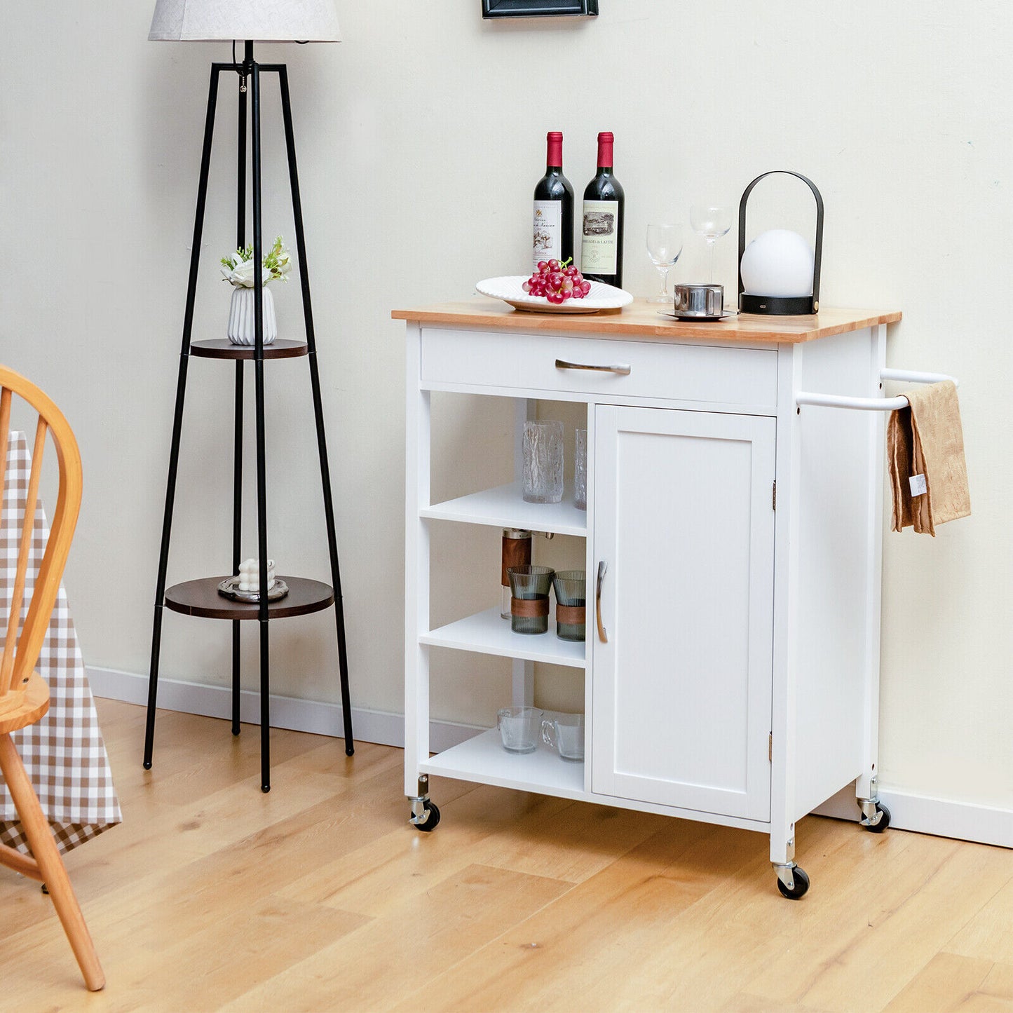 Rolling Kitchen Island Cart with Storage Drawers Shelves and Wood Countertop - White