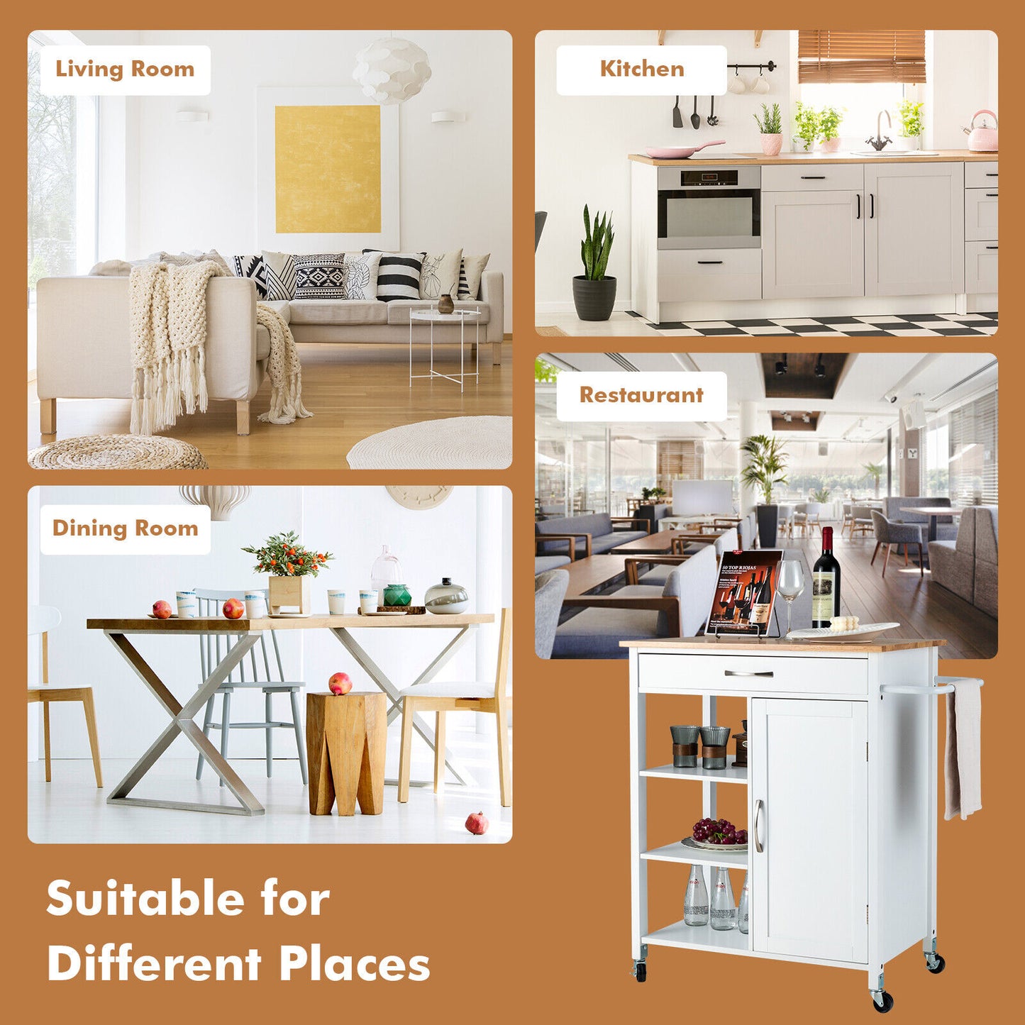 Rolling Kitchen Island Cart with Storage Drawers Shelves and Wood Countertop - White