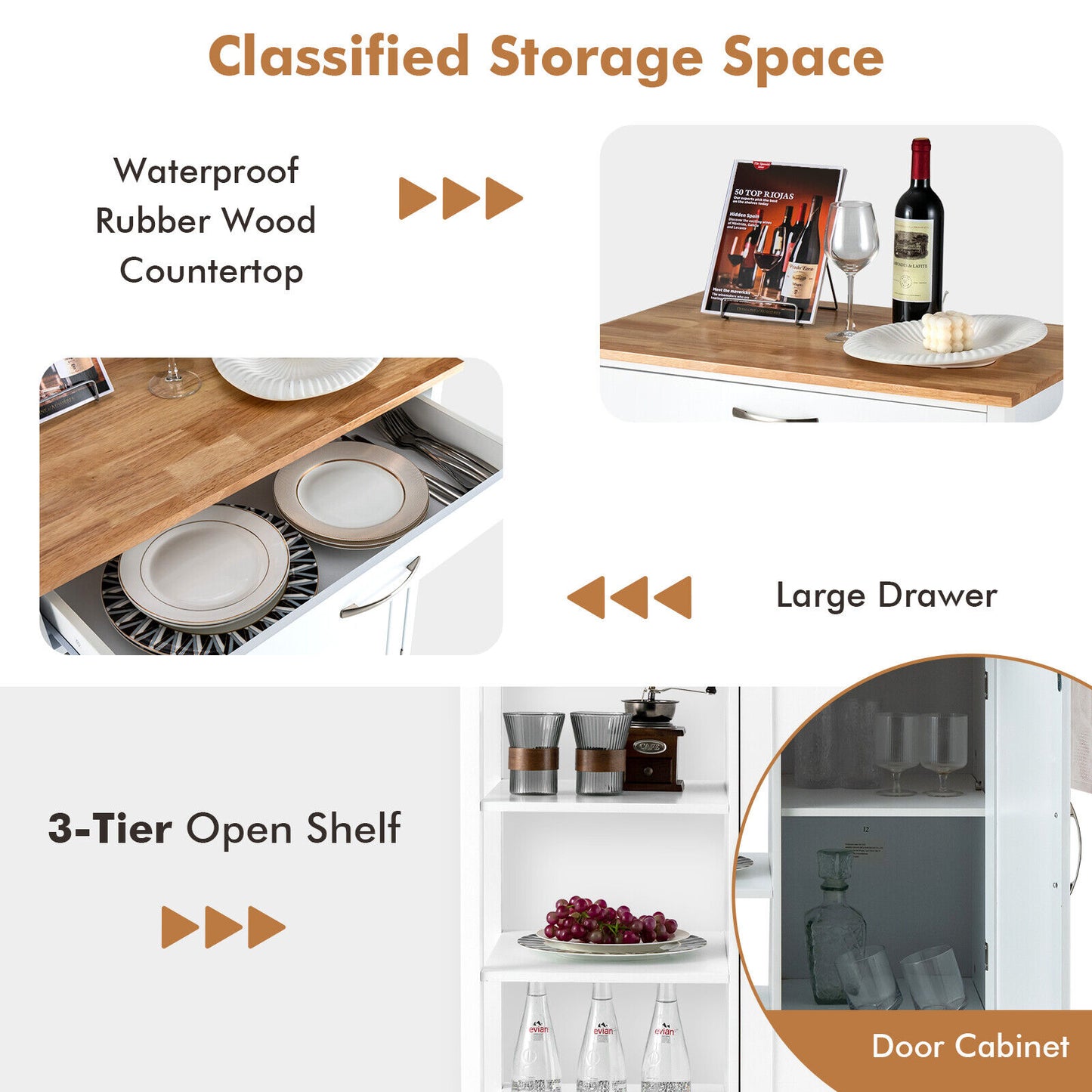 Rolling Kitchen Island Cart with Storage Drawers Shelves and Wood Countertop - White