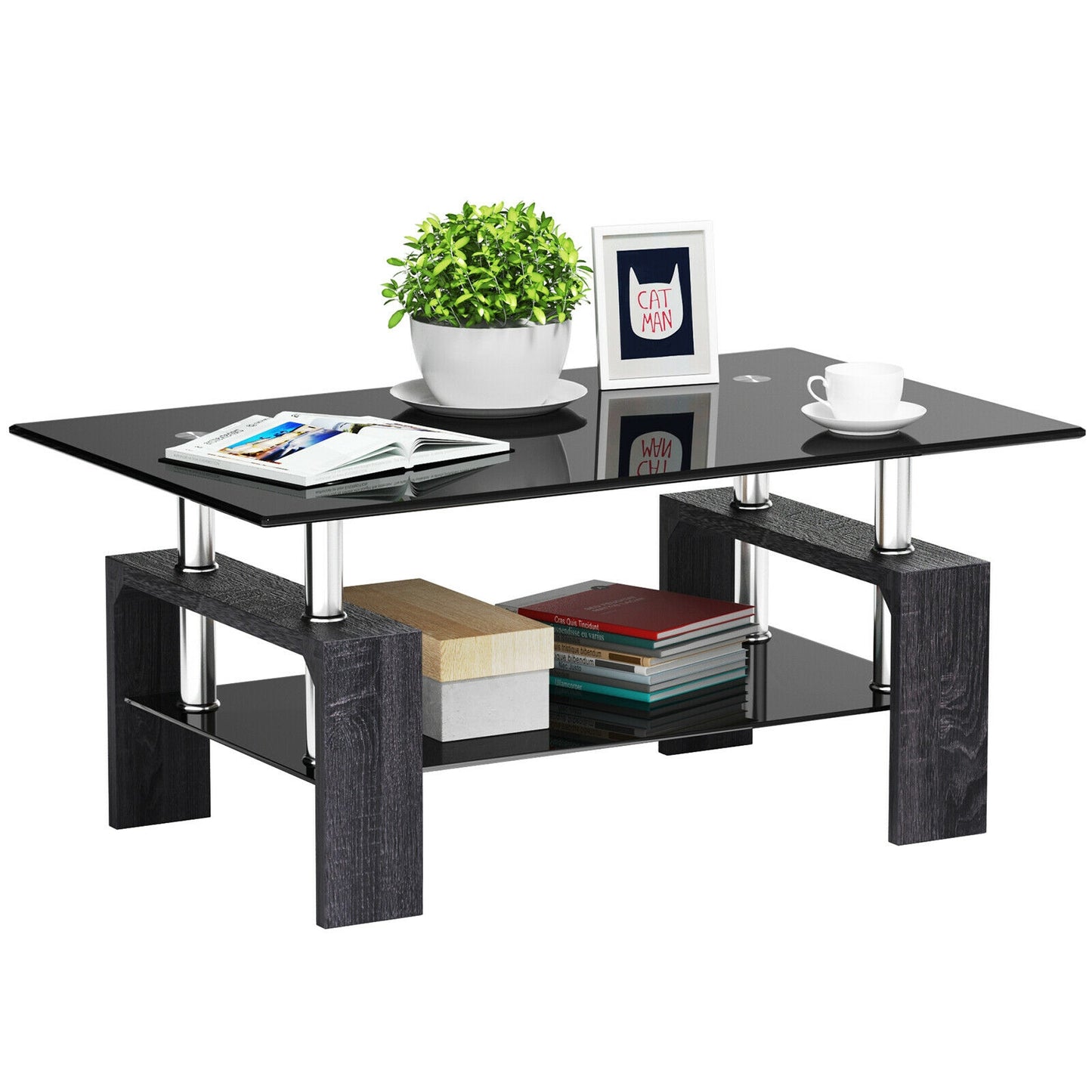 Modern Glass Coffee Table with Lower Shelf and Rectangular Design - Grey