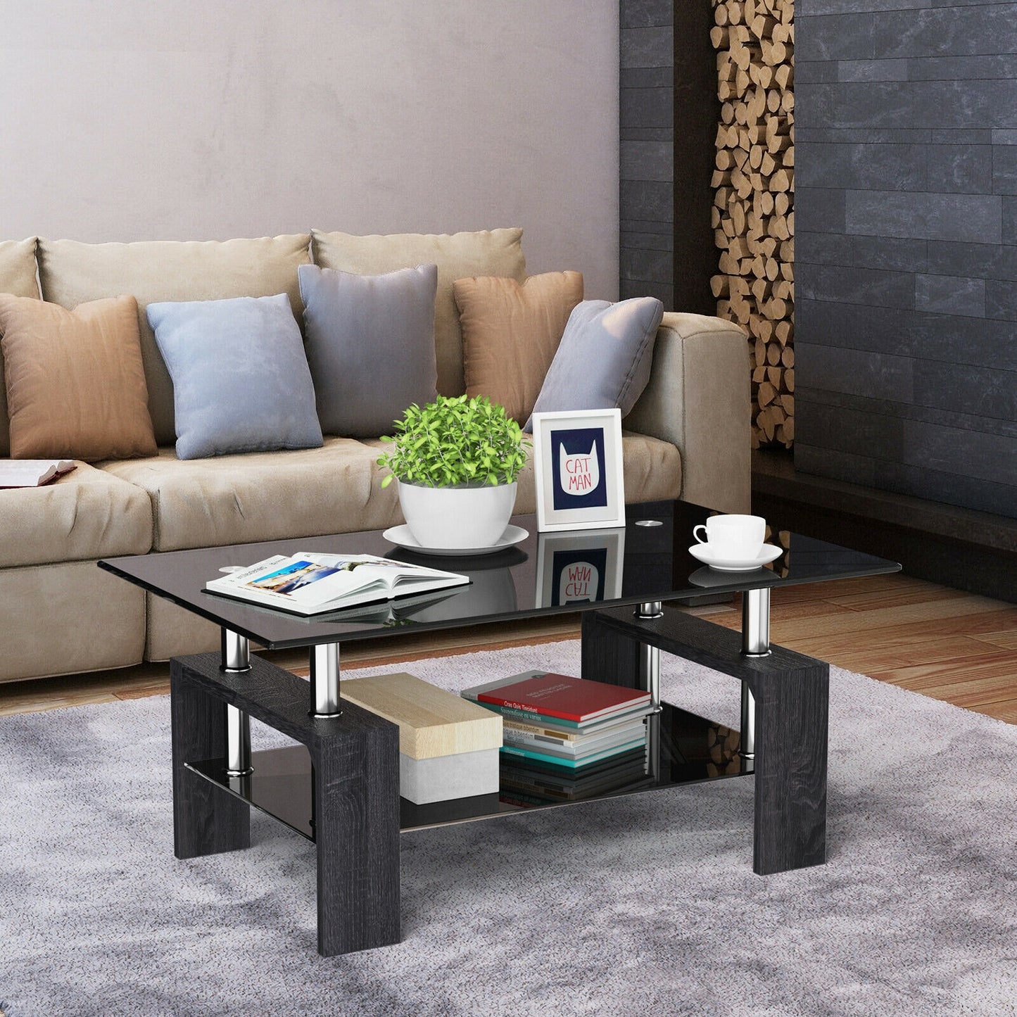 Modern Glass Coffee Table with Lower Shelf and Rectangular Design - Grey