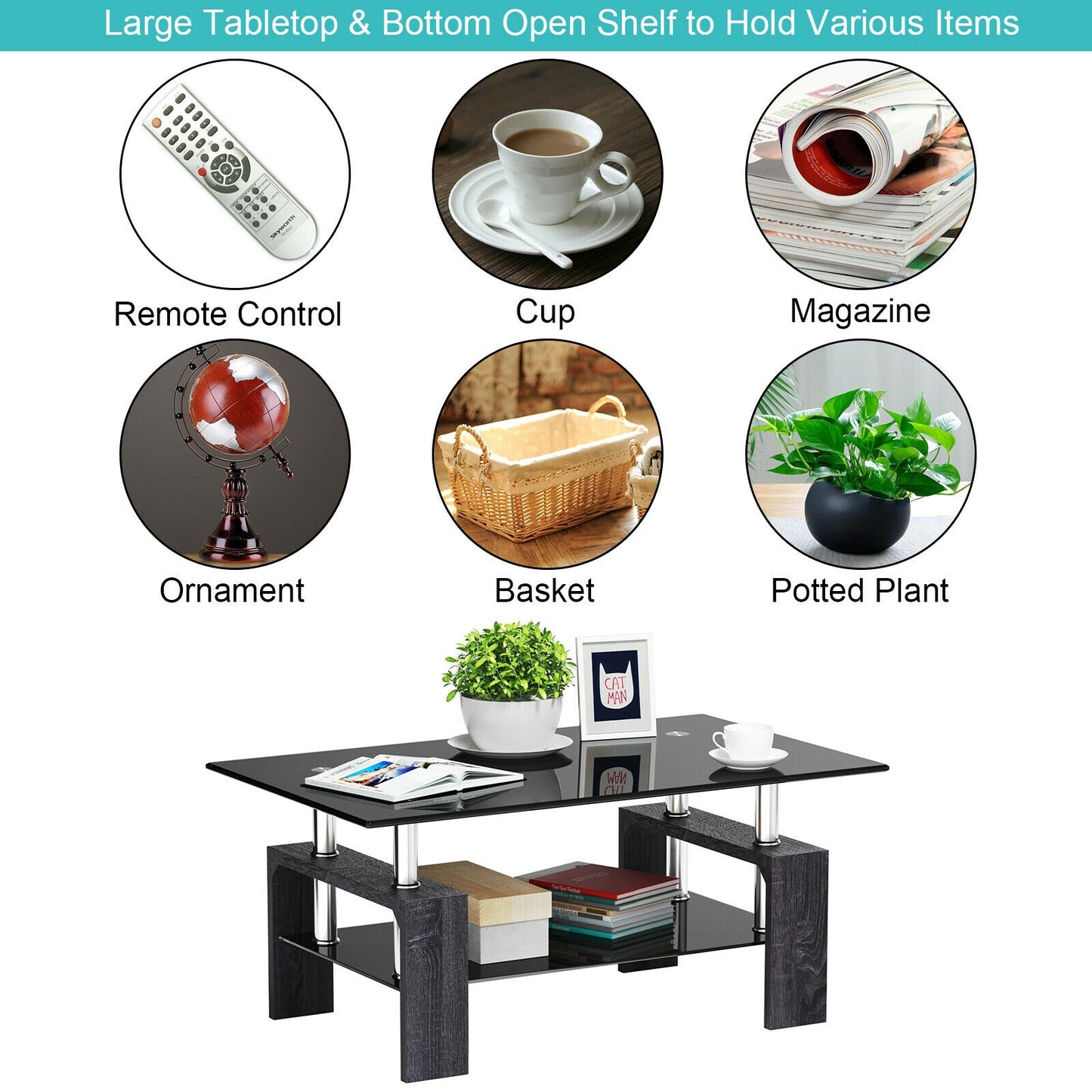 Modern Glass Coffee Table with Lower Shelf and Rectangular Design - Grey