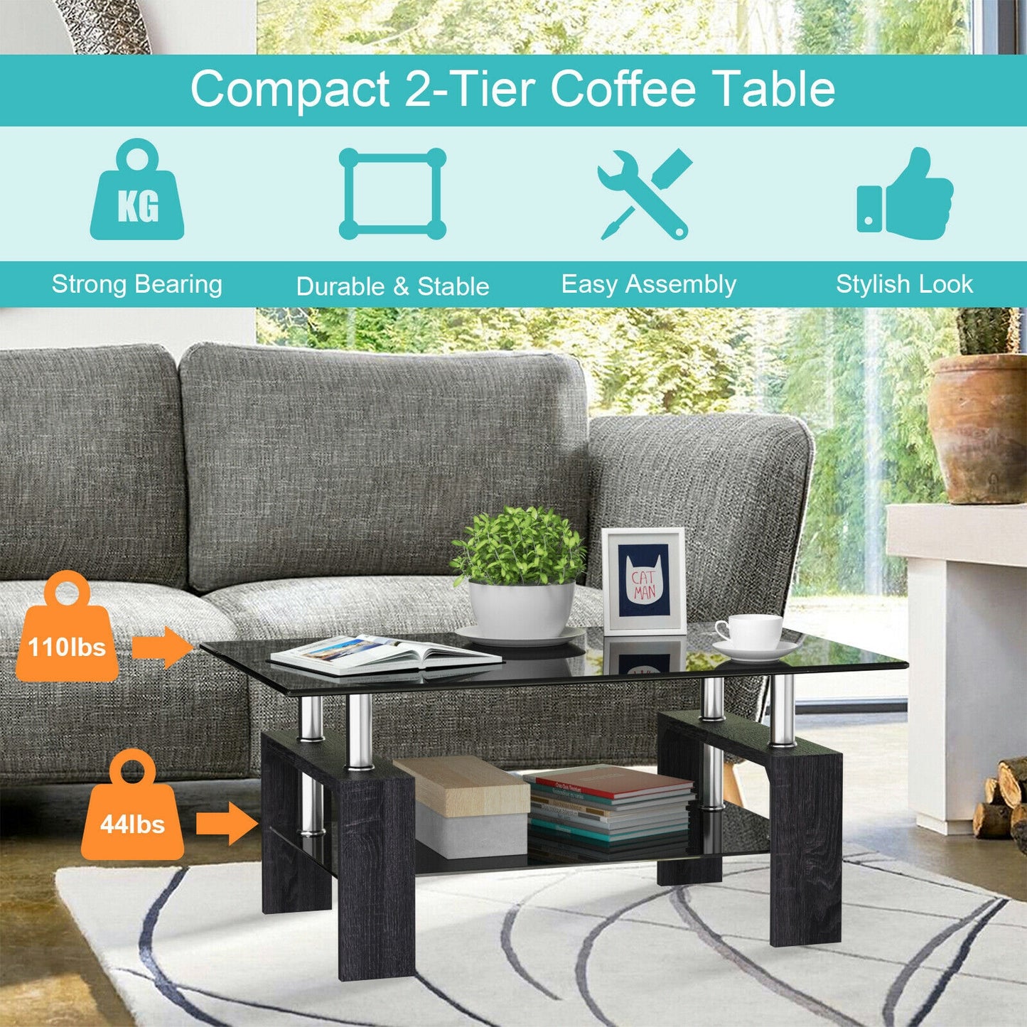 Modern Glass Coffee Table with Lower Shelf and Rectangular Design - Grey