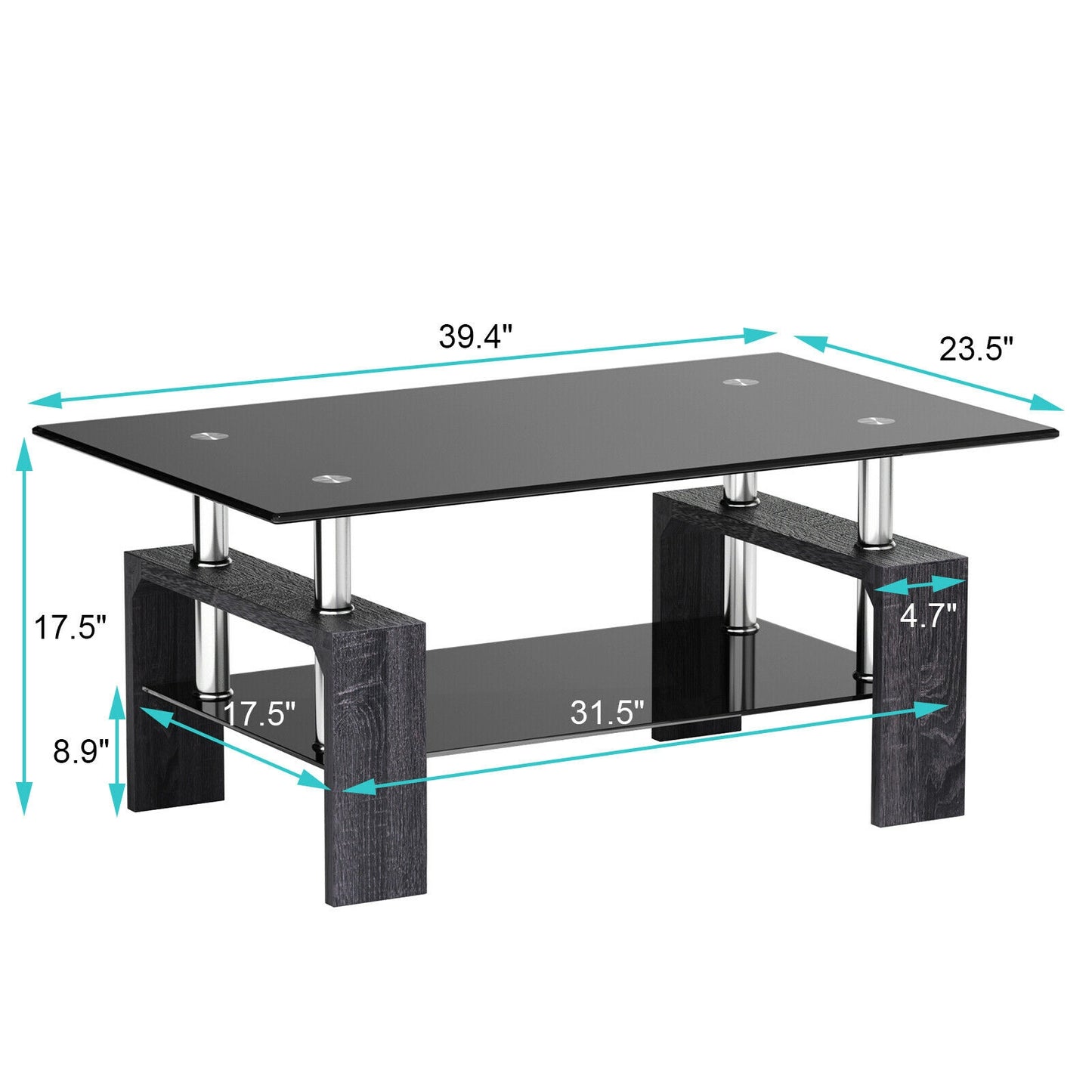 Modern Glass Coffee Table with Lower Shelf and Rectangular Design - Grey