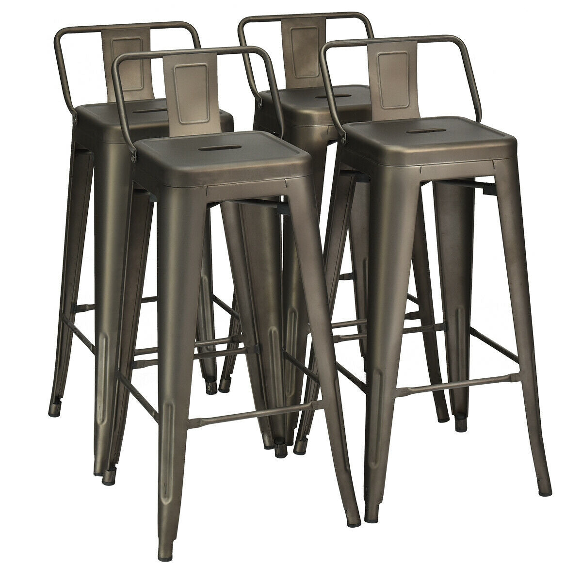 Set of 4 Metal 30 Inch Bar Stools with Low Backrest and Non-Slip Rubber Feet in Gunmetal Finish