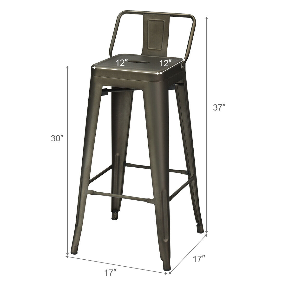 Set of 4 Metal 30 Inch Bar Stools with Low Backrest and Non-Slip Rubber Feet in Gunmetal Finish